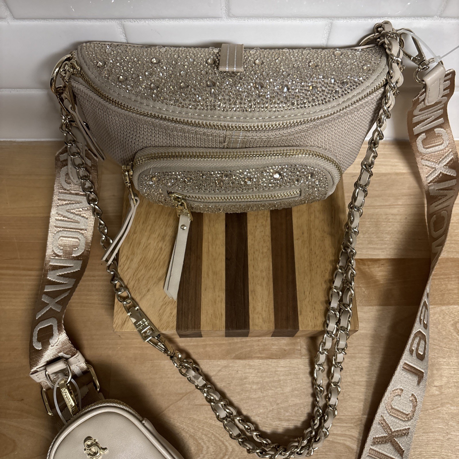 Steve Madden Maxima Rhinestone Convertible Belt Sling Crossbody Bag Blush NWOT
