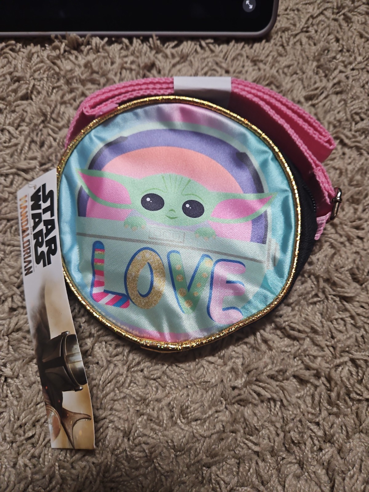 Bioworld Star Wars Mandalorian Grogu Love Round Crossbody Zip Bag Pink Strap