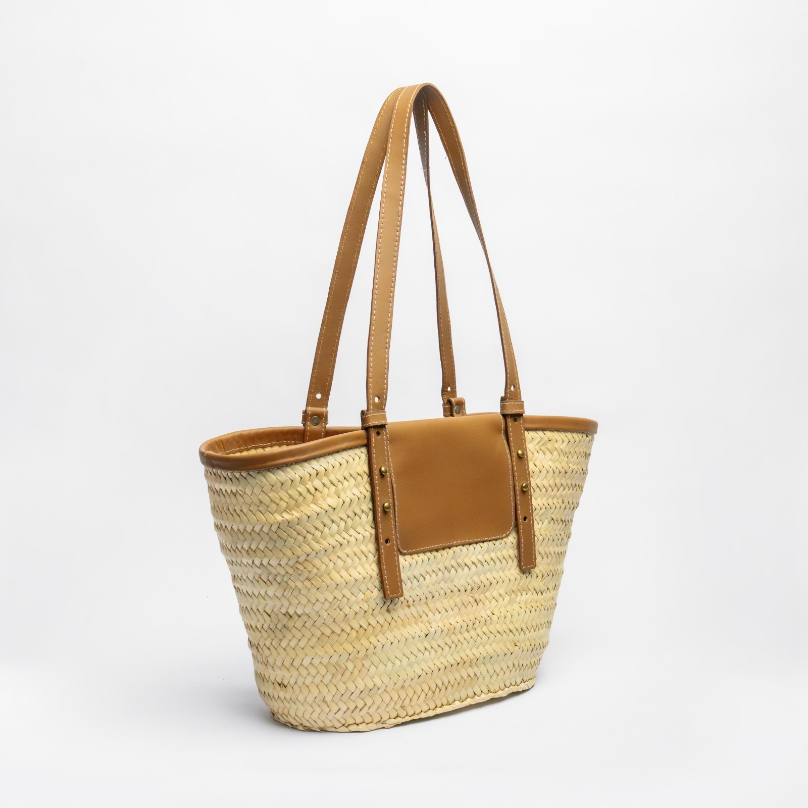 Handmade Moroccan Straw Tote Bag with Leather Arch Pocket & Shoulder Handles