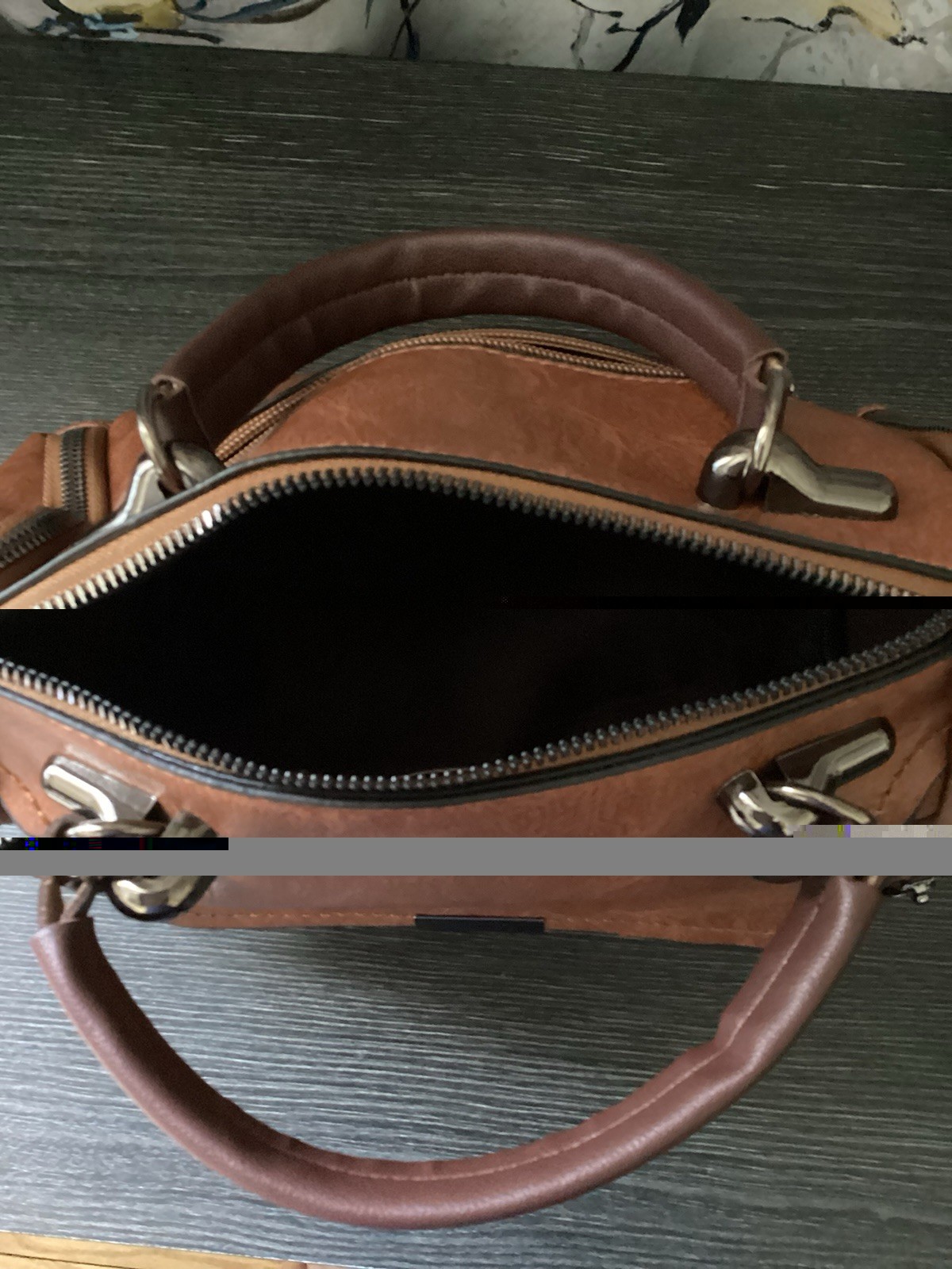 Brown/Tan Solid Satchel Top Handle Bag Zip Closure Silver Hardware Black Lining