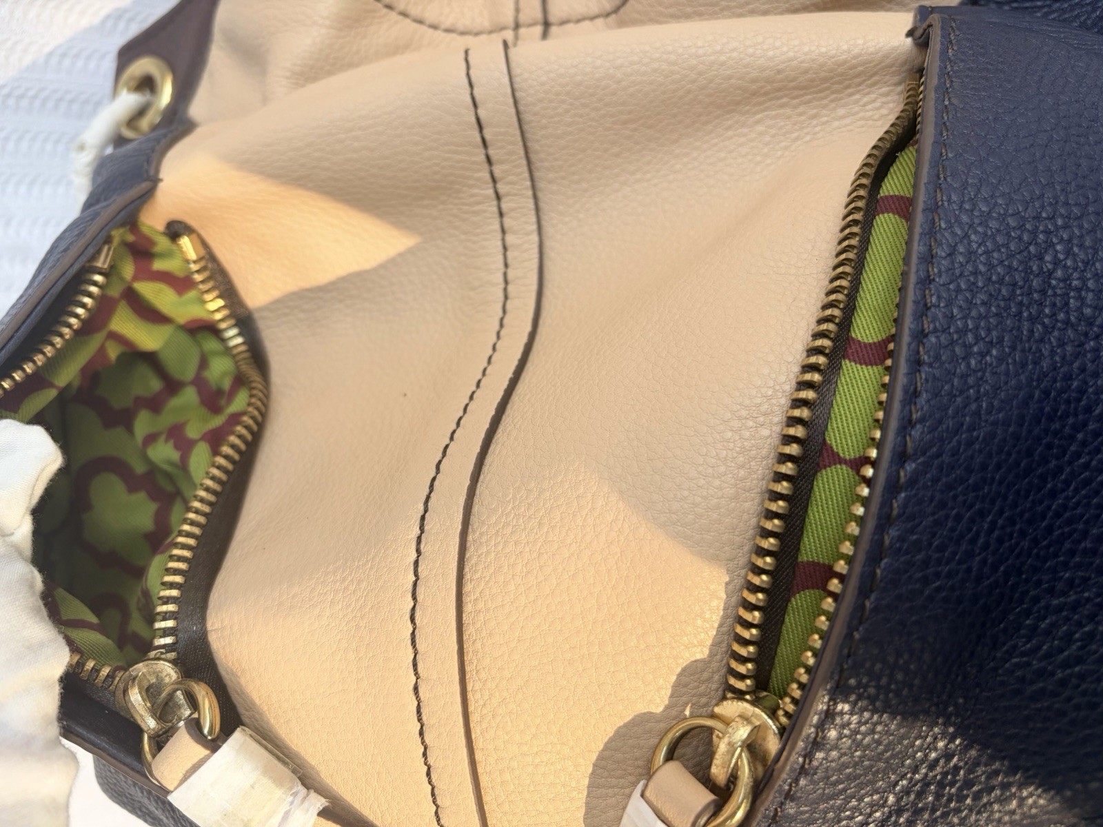 orYANY Leather Hobo Handbag Brown/Taupe/Blue with Gold Accents Large NWT!