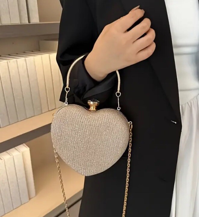 SILVER Heart-Shaped Handbag Handle Purse Chunky Elegant Textured Deep Shoulder
