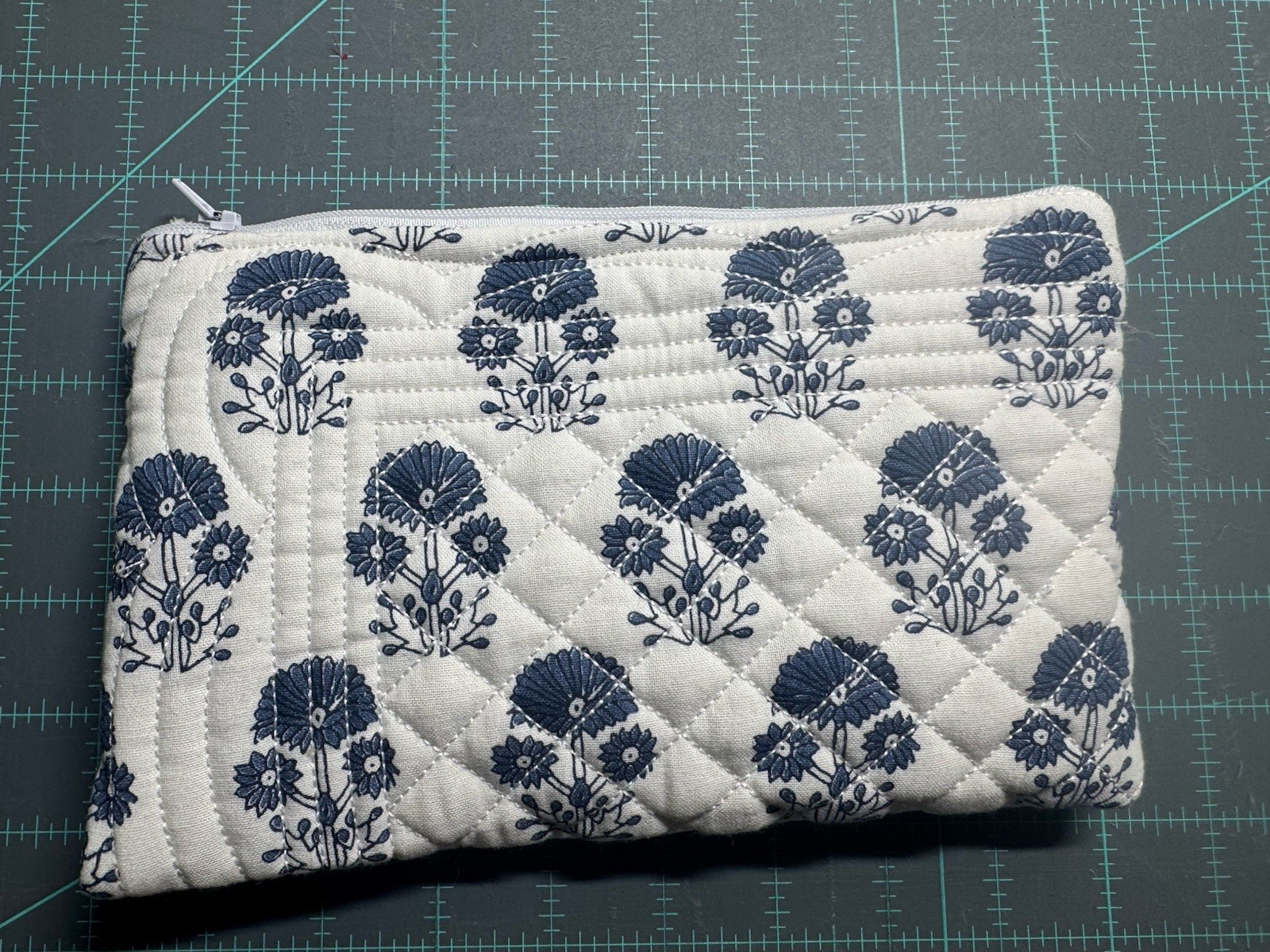 Handmade Quilted Zipper Pouch | Blue Floral Makeup & Travel Bag