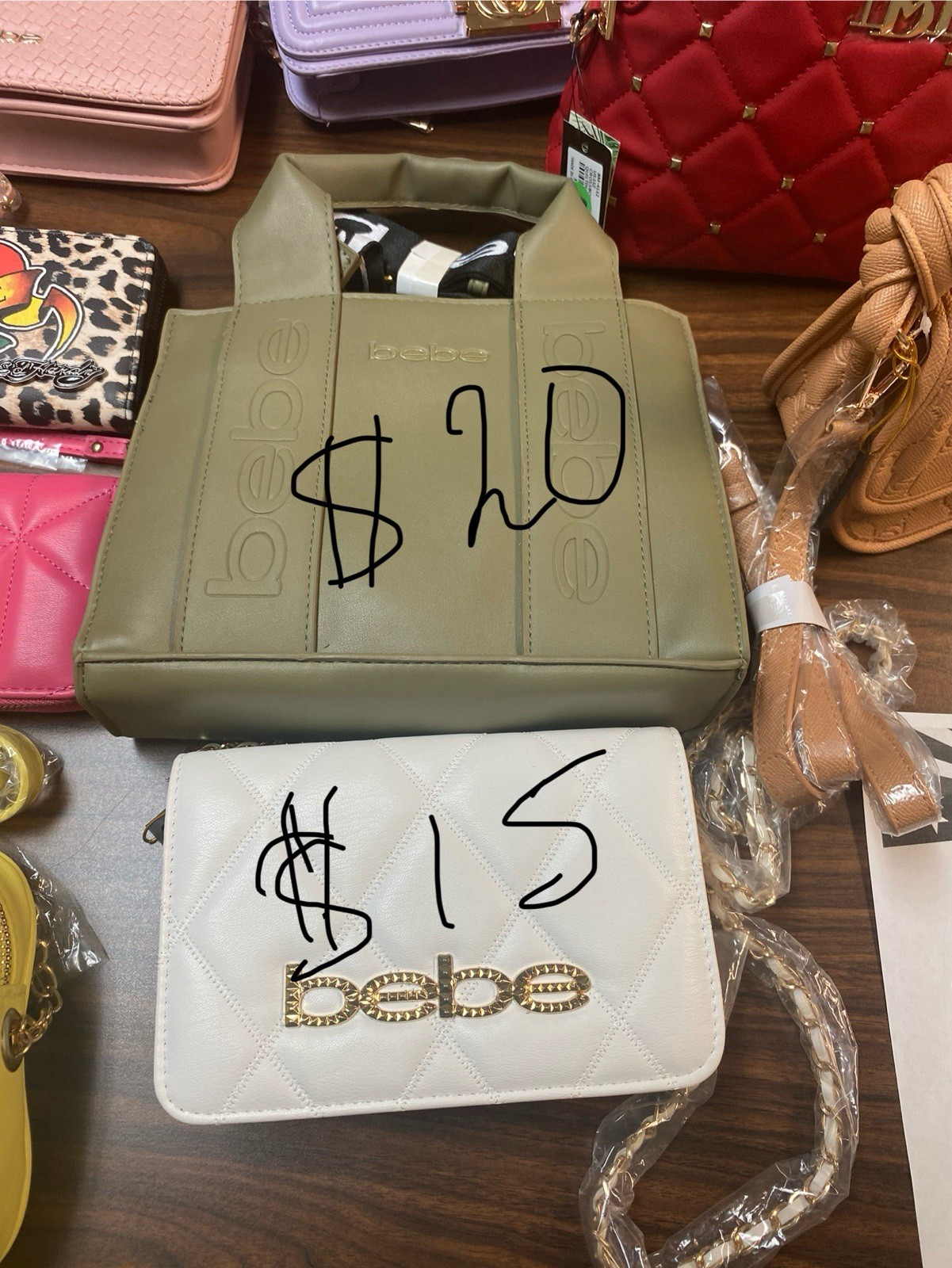 bebe Women’s Green & White Quilted Rectangle Bag Set Logo Gold Detachable Strap