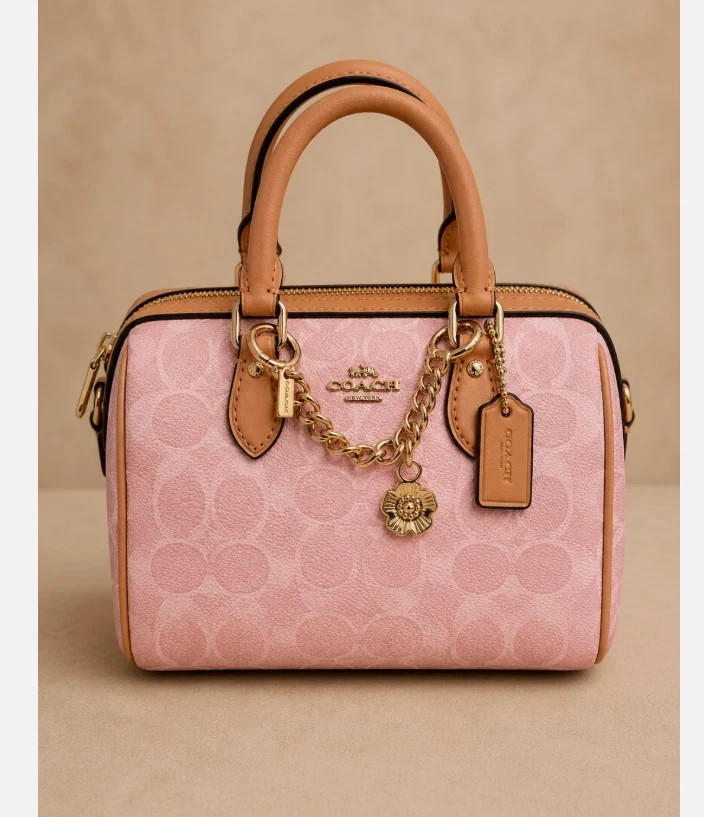 Coach Mini Rowan Crossbody Bag In Signature With Charms in Powder Pink CEK79