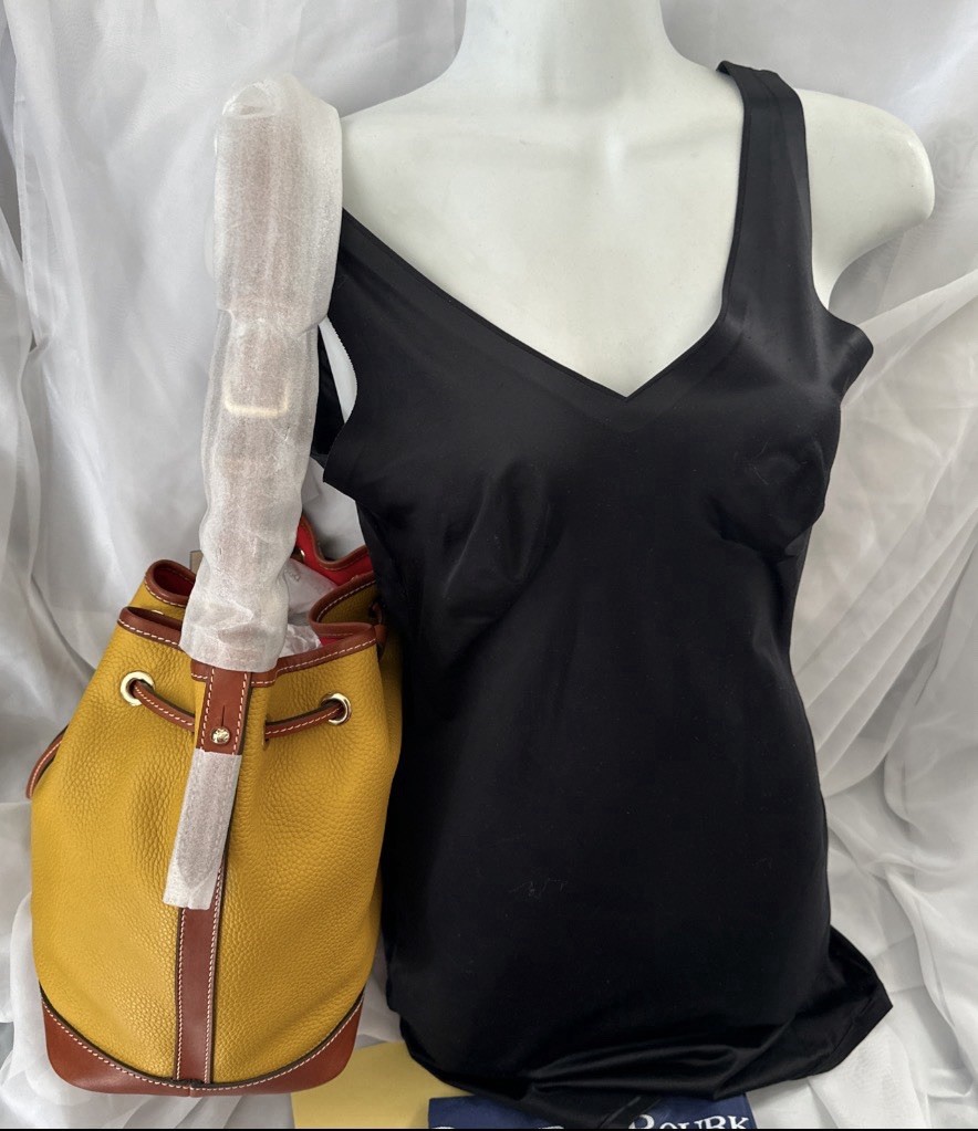 DOONEY & BOURKE ITALIAN LEATHER DRAWSTRING PEBBLED BAG MUSTARD/BRN BNWT