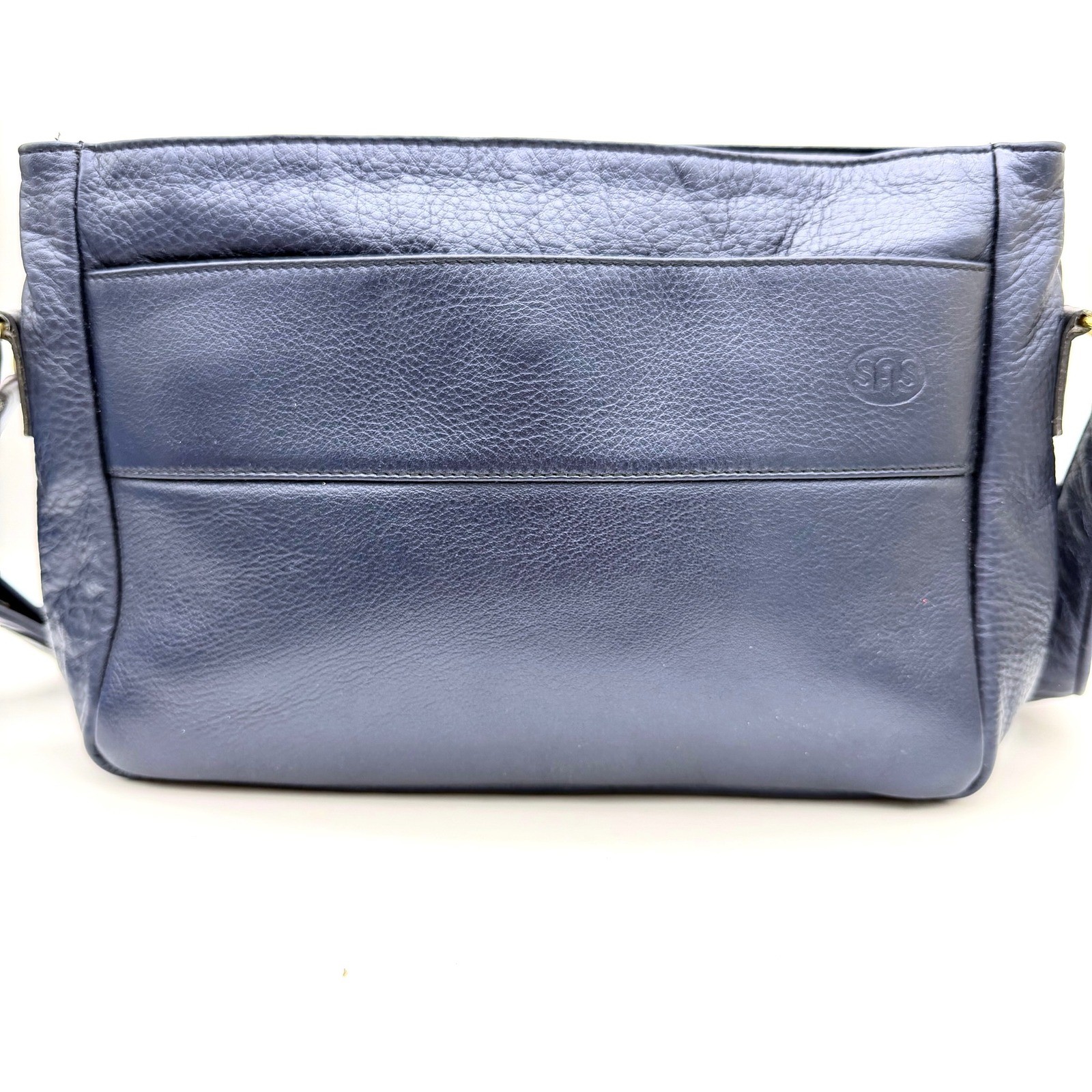 SAS Navy Blue Leather Crossbody Shoulder Bag Purse Multi Compartment USA