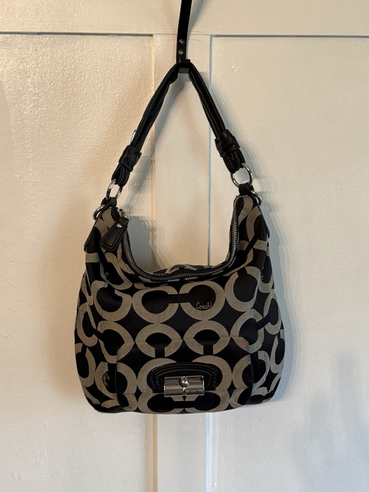 Coach Signature Large Hobo Shoulder Bag Black Grey Zip Silver HW Vintage Y2K EUC