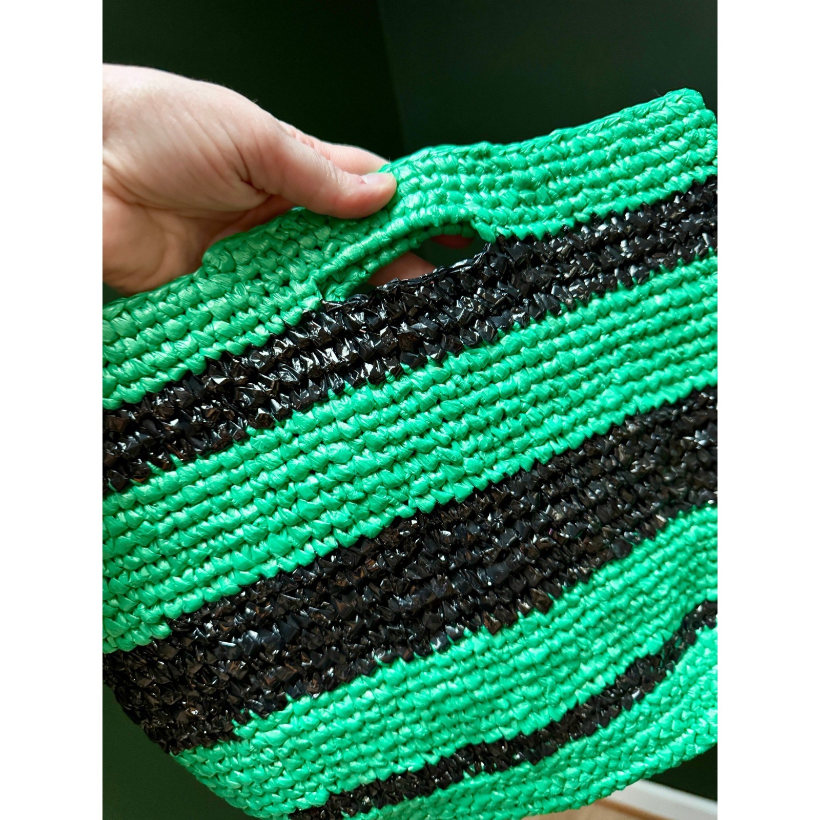 Handmade Plastic Bag Woven Black and Green Striped Purse