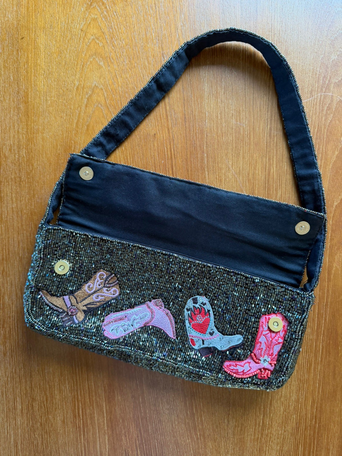 Viral Cowboy Cowgirl Boots Beaded Bag Purse Flap Snap Closure