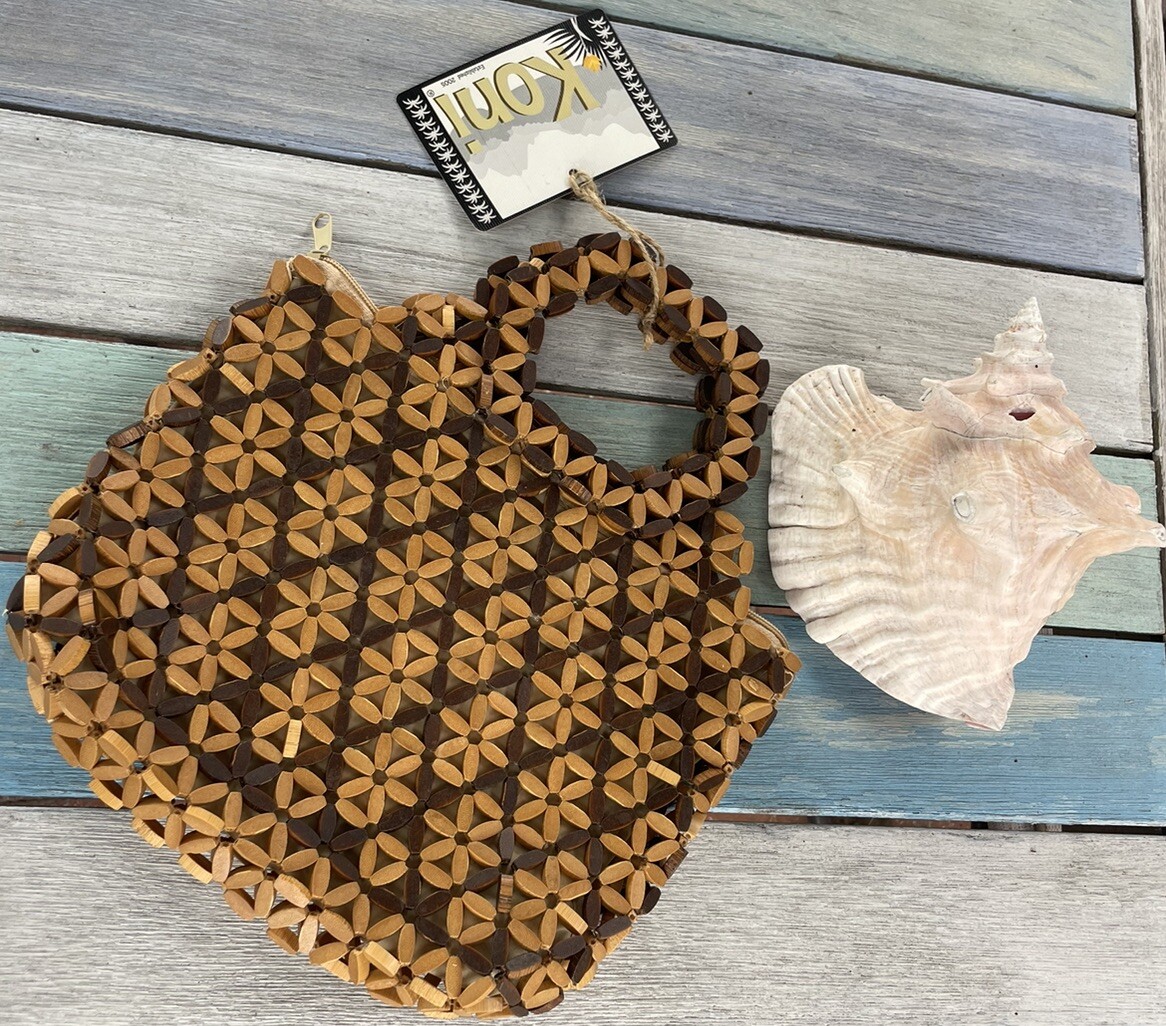 Wooden Floral Hawaiian Beaded Purse Handbag Wood Beads