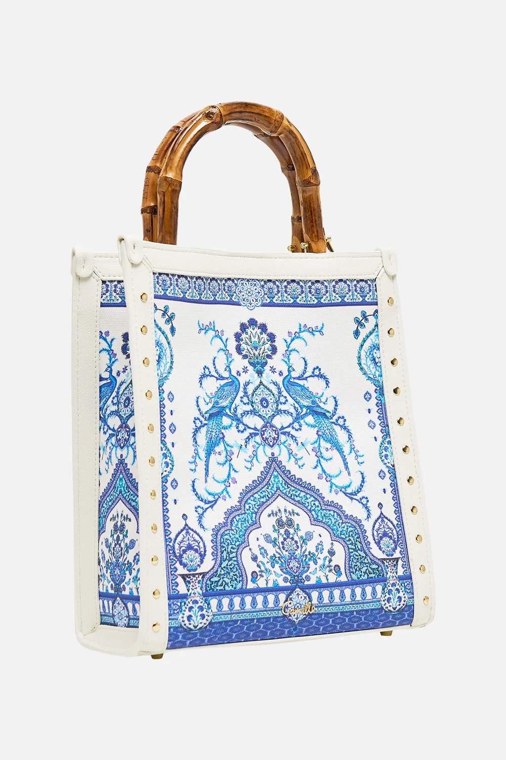 CamiIla ~ ISNIK PEACOCK LULLABY Tote Bag Cotton Canvas Studded Handbag NEW