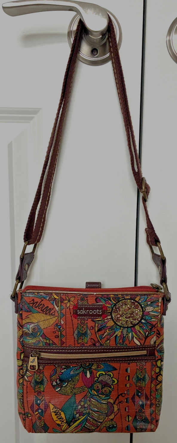 SAKROOTS Shoulder Crossbody Purse Coated Canvas Floral Owl Design ~ EUC!!