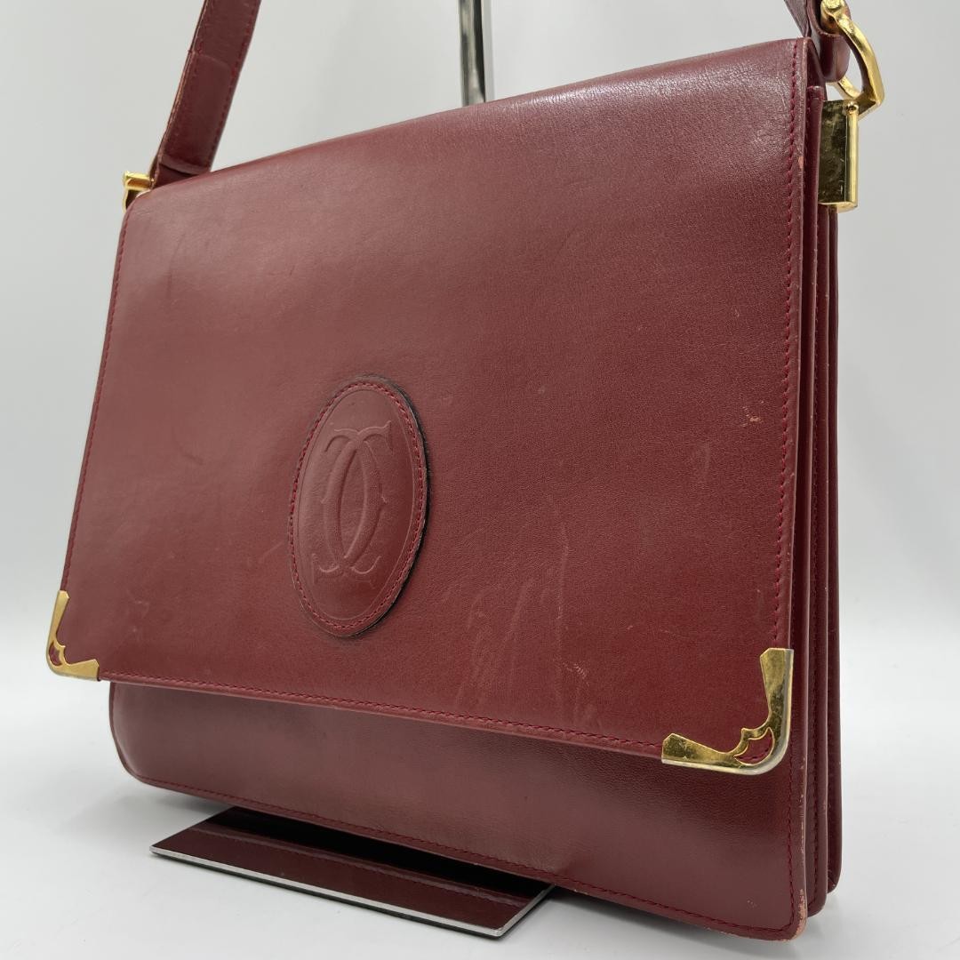 Cartier Must Line Bordeaux Leather Shoulder Bag 24x22cm Elegant Ladies Auth