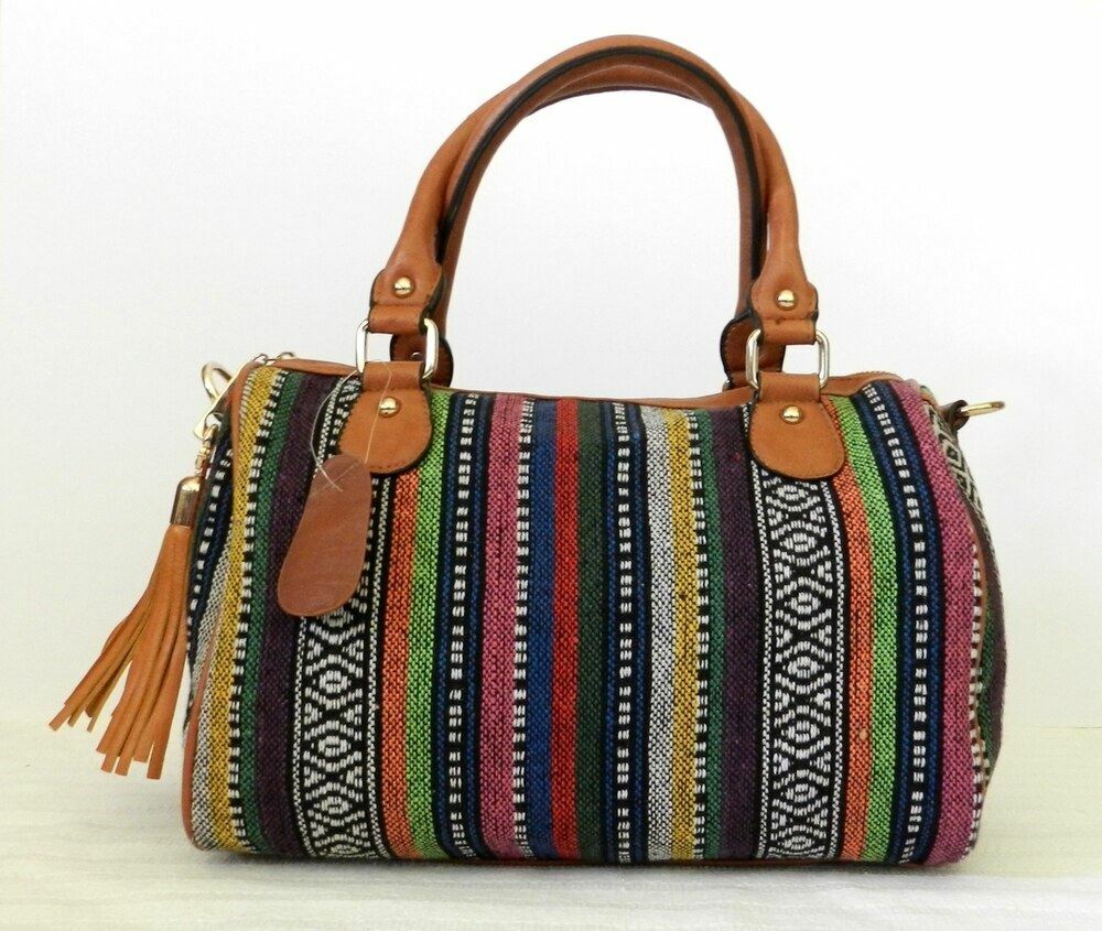 Multi colored duffel style handbag