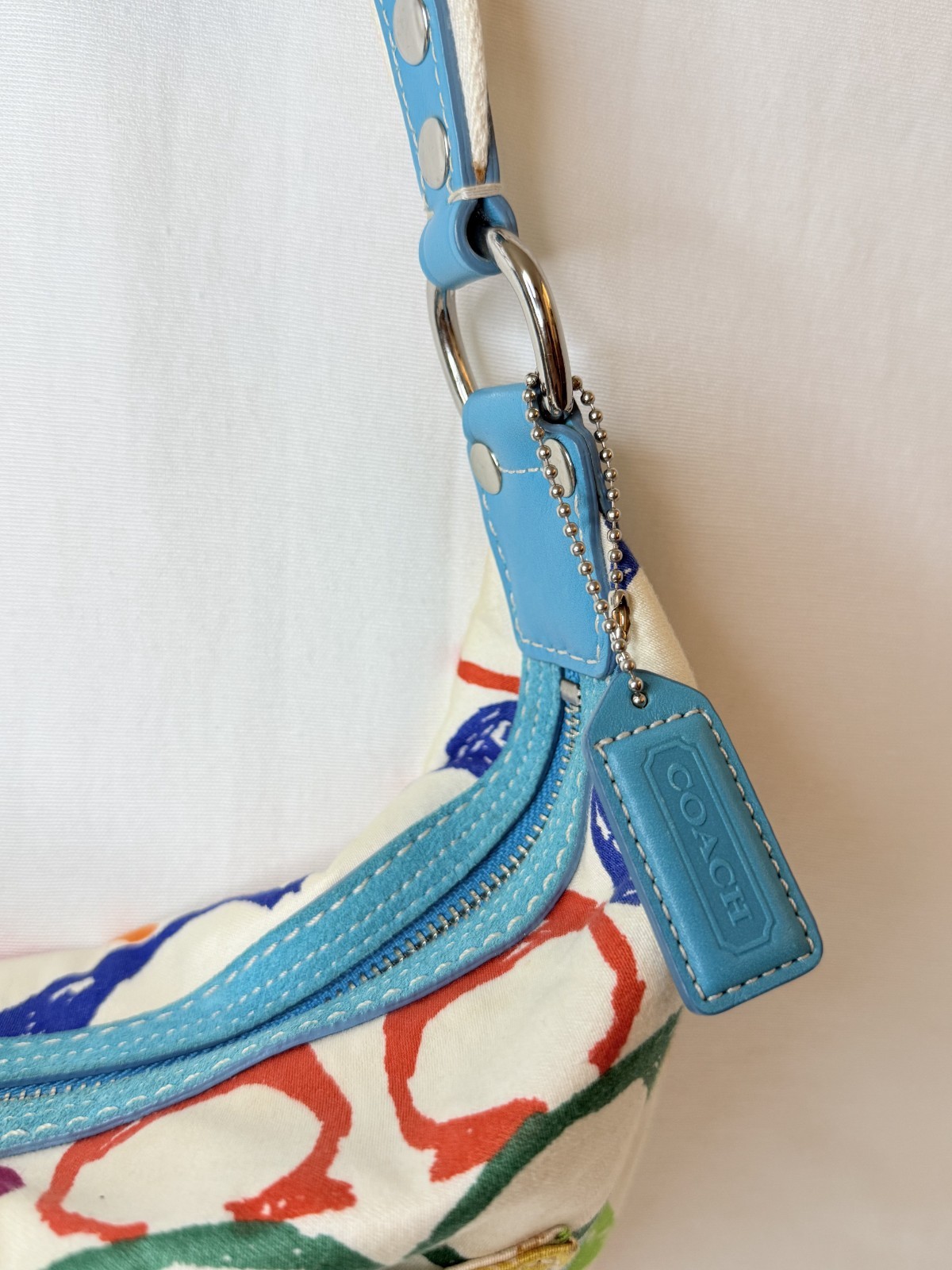 Coach Multicolor Scribble Logo Hampton Hobo Medium Shoulder Bag Y2k Blue Leather