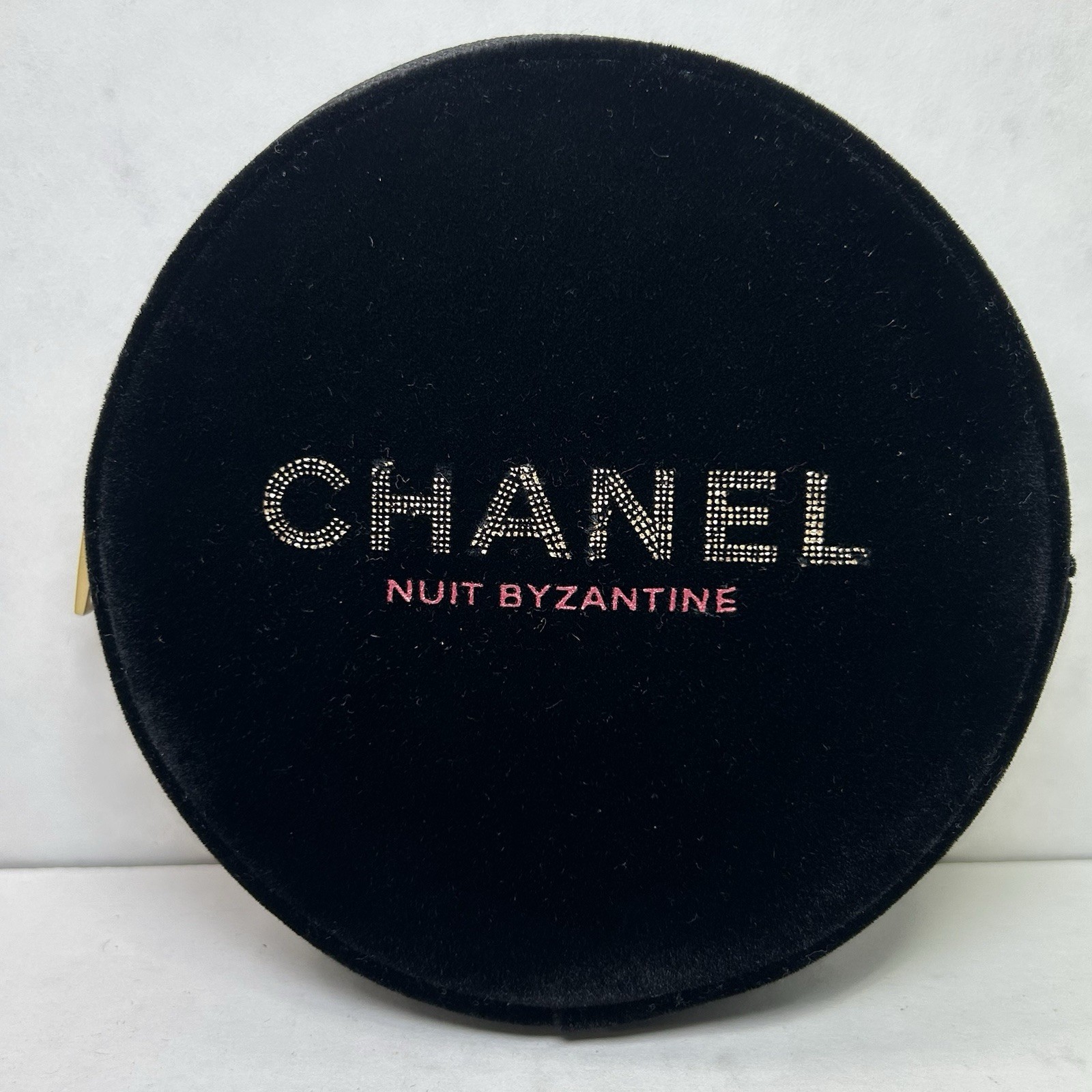 Chanel Nuit By Zantine Black Velour Cosmetic Makeup Bag Round Pouch Bag