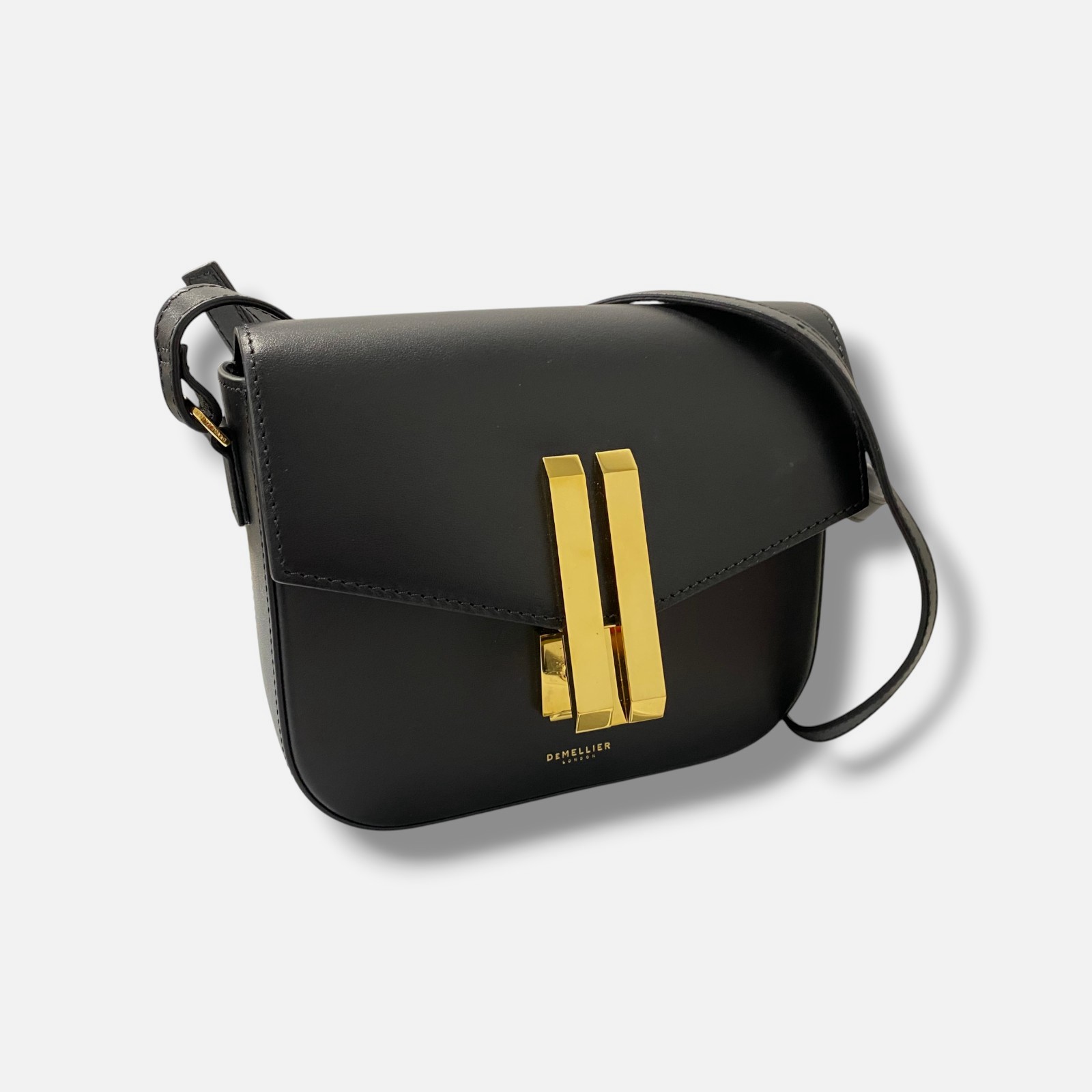 DeMellier Women’s Black Leather Double-Bar-Lock Small Vancouver Crossbody Bag