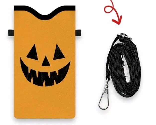Holiday Fun Orange Pumpkin 2D Printed Phone Sleeve Crossbody Holder. Long Strap,
