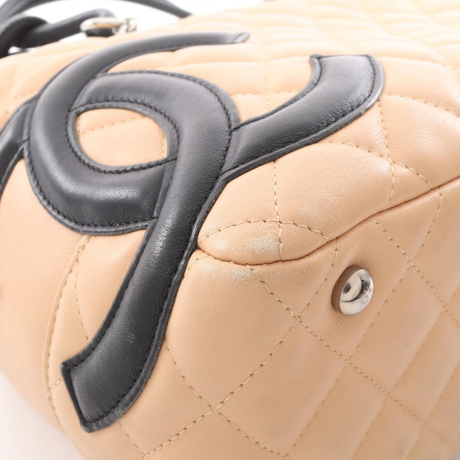CHANEL Cambon line bowling Shoulder Bag A25171 leather Beige Black SHW Used