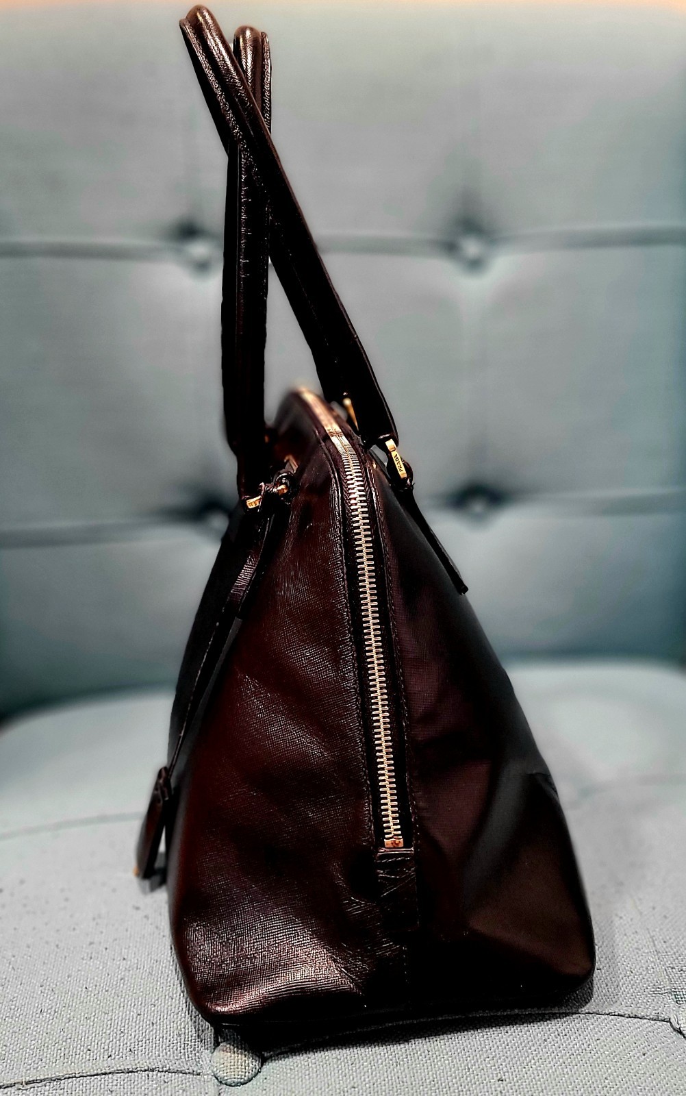 PRADA Black Saffiano Zip Top Satchel Gold Hardware Logo Pattern Clochette