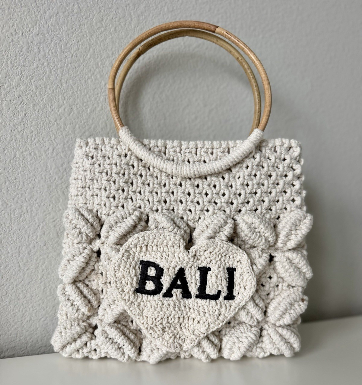 Handmade BALI Macrame Tote Bag Bamboo Handle Boho Festival Coachella Chunky Chic