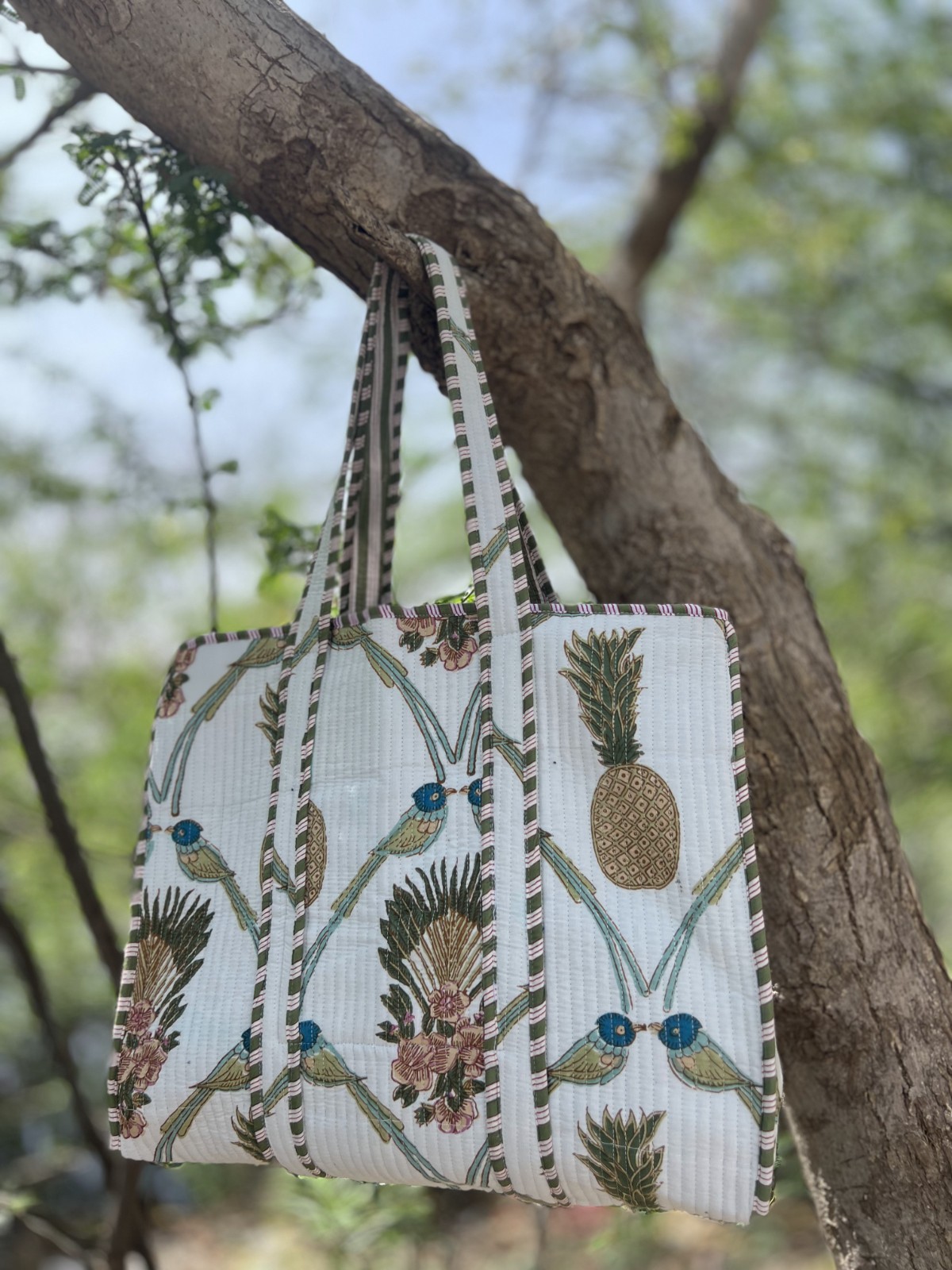 Handmade Quilted Cotton Tote Bag Tropical Bird Print Reversible Beach Shopper