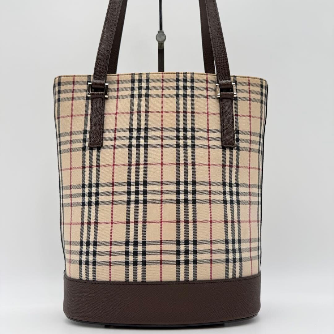 Burberry Nova Check Saffiano Canvas Brown Bucket Tote Bag Shoulder Auth