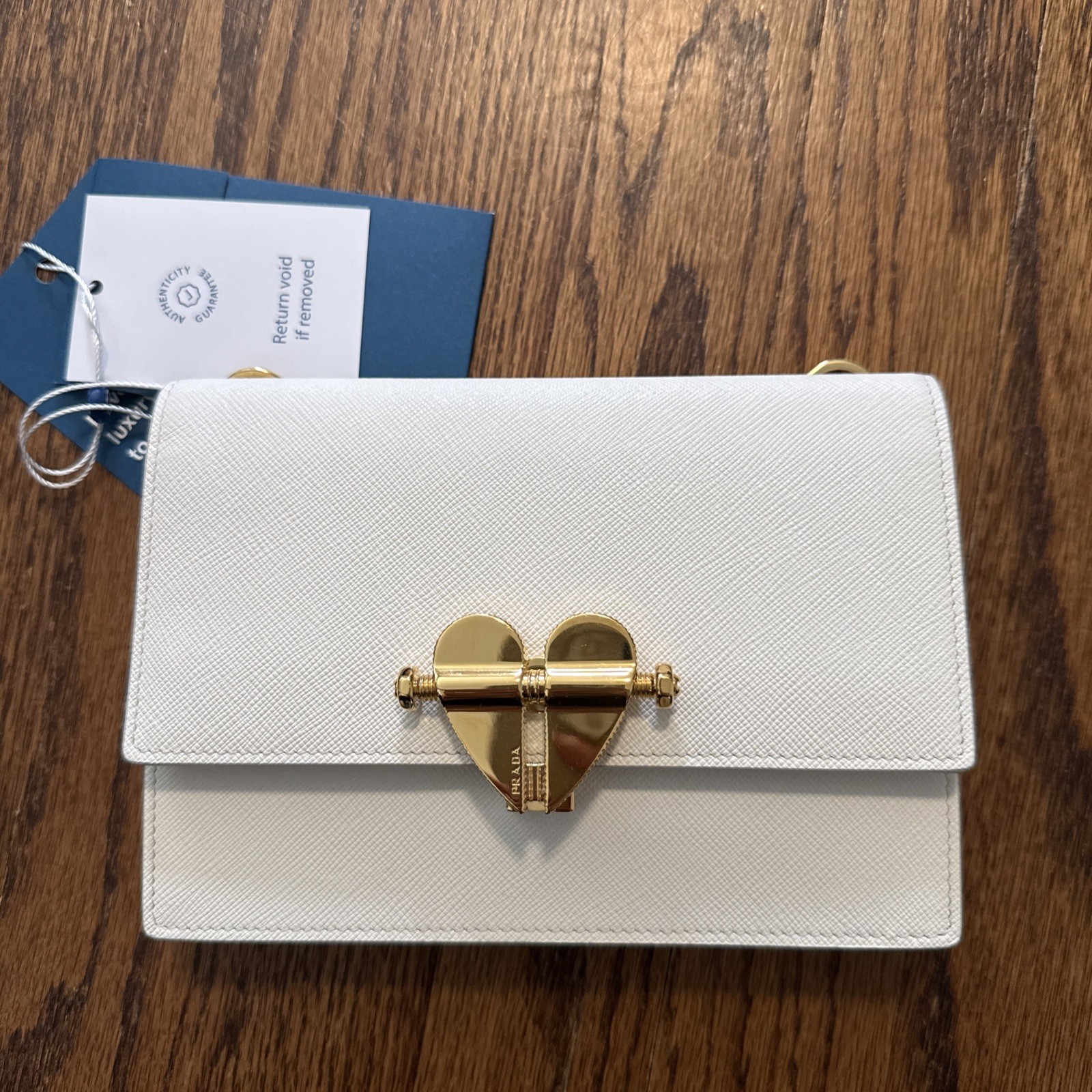Prada Saffiano Lock Ivory Heart Accent Gold Hardware Shoulder Bag w/ Brand Card