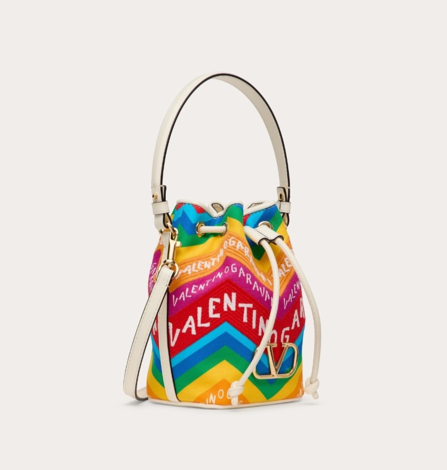$1750 VALENTINO “Escape” VLogo Mini canvas bucket bag – Chevron24 Rainbow print
