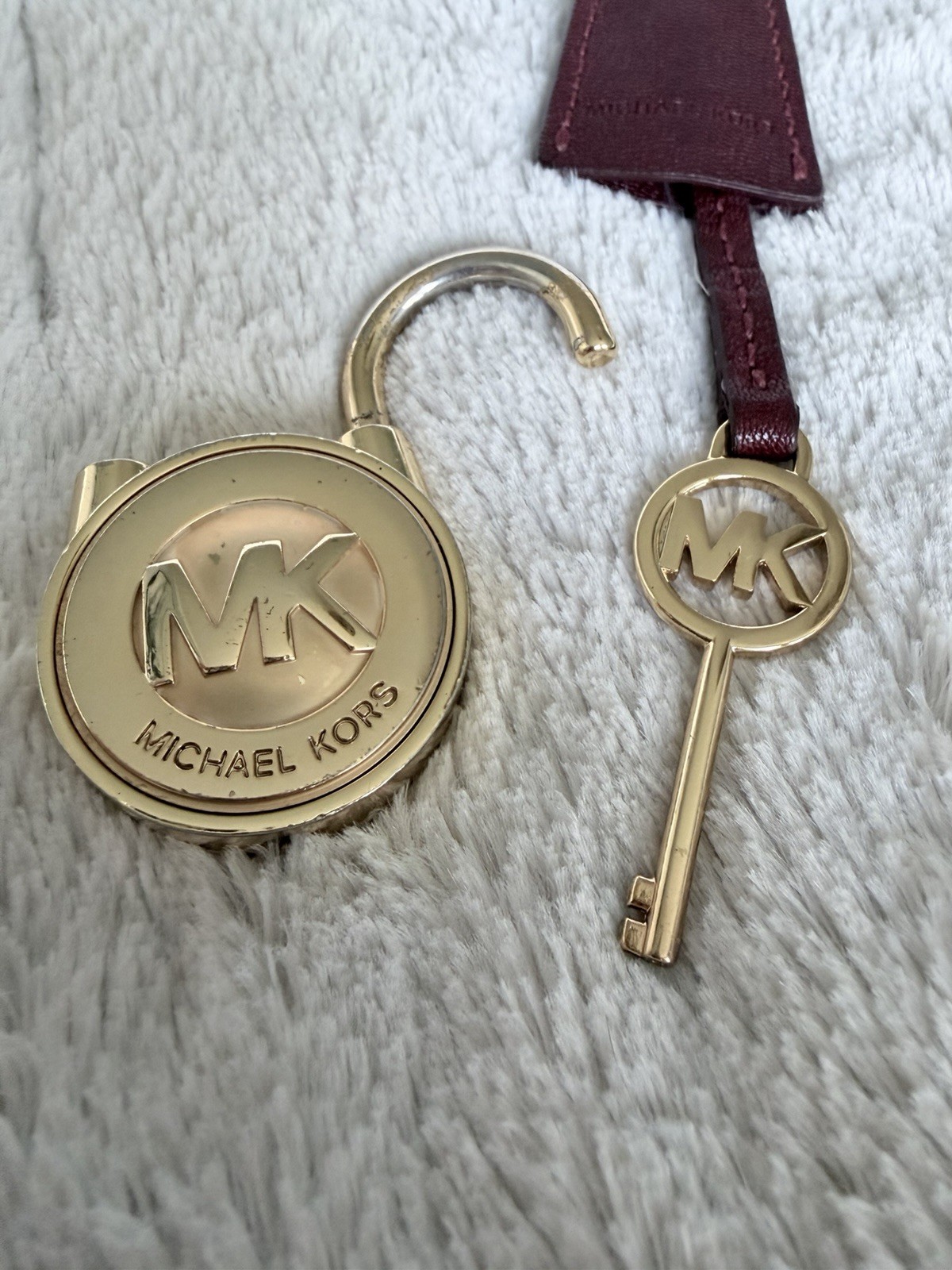 Michael Kors Black Leather MK Logo Lock & Key Bag Charm Gold Tone