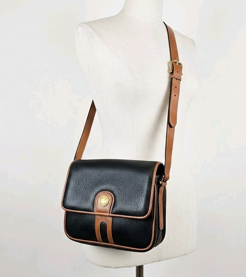 Vintage CELINE Gold Blazon Triomphe Black + Tan Leather Flap-over Bag Rare Mint