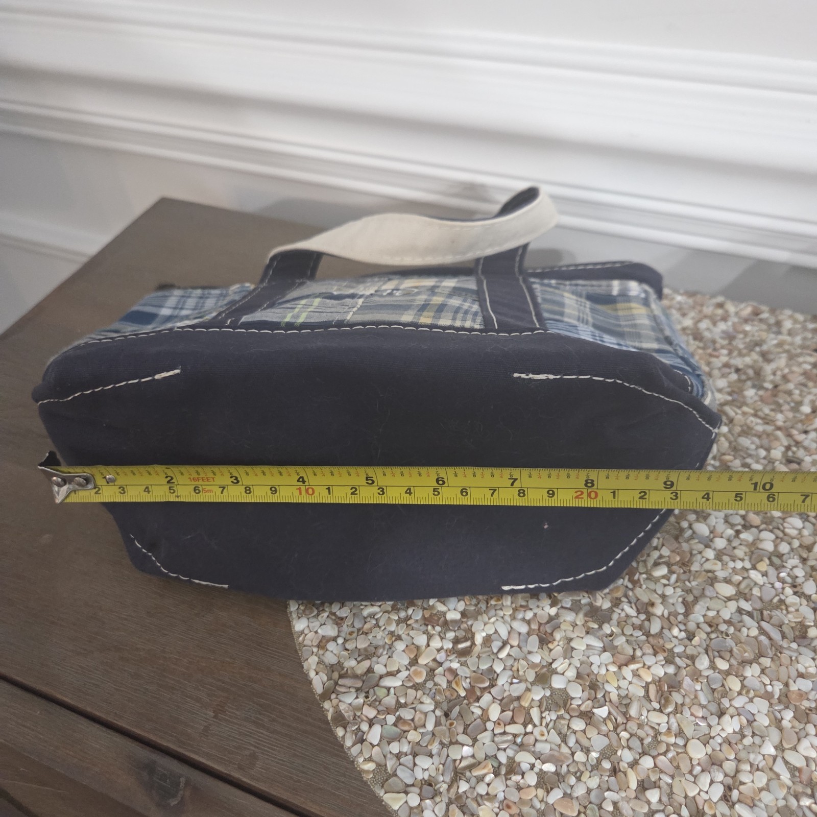 LL Bean Mini Boat & Tote Bag Plaid Patchwork Blue Handles Zip Close 10Lx8Hx4W