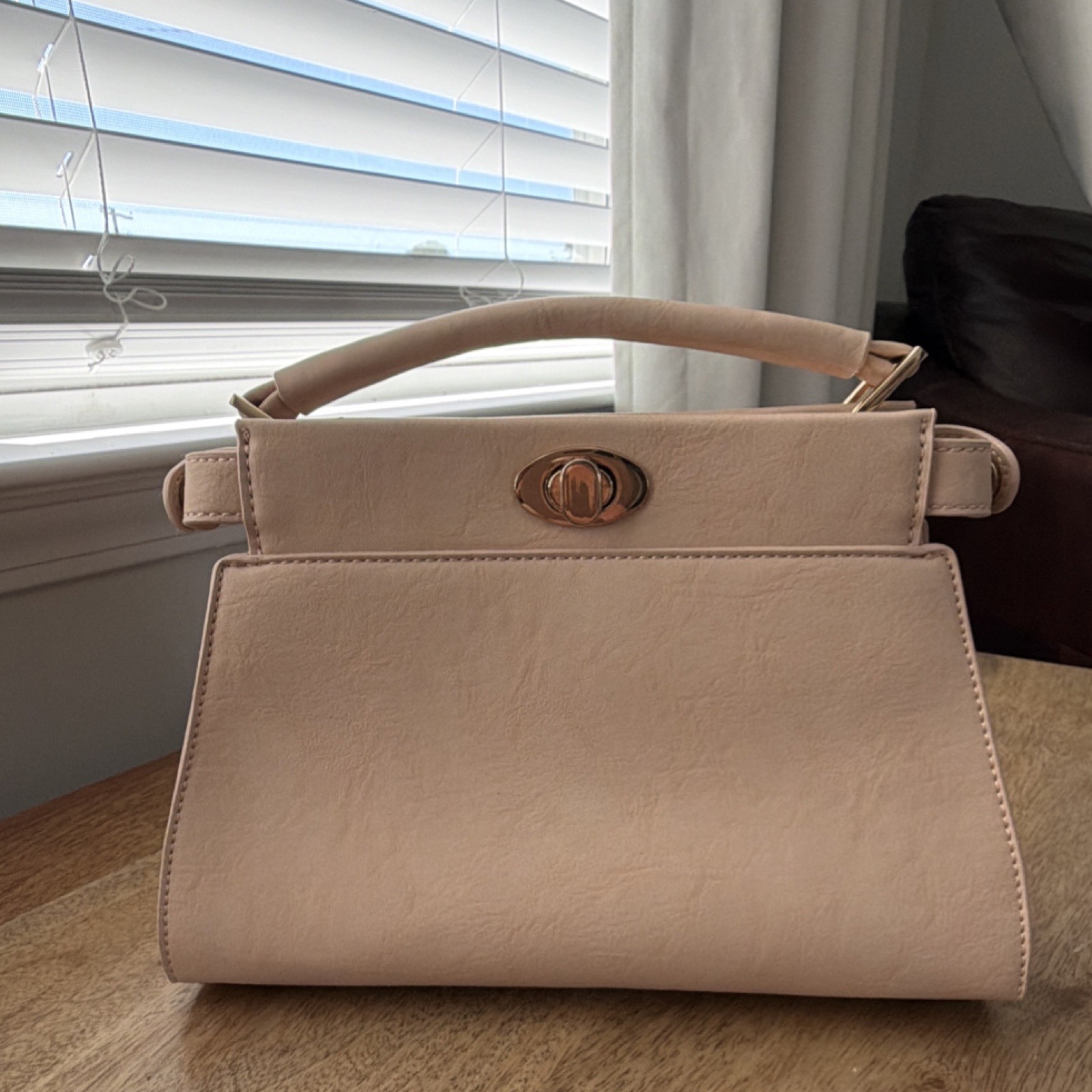 KAARI BLUE Beige Satchel Top Handle Turn Lock Zip Detachable Strap Gold