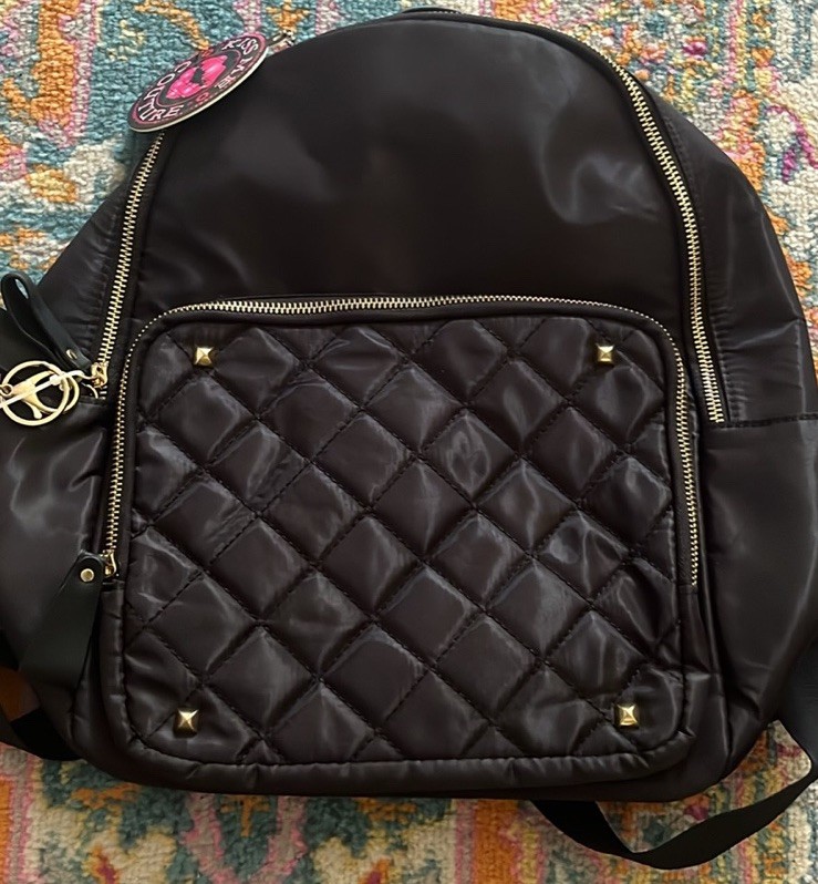 Kiss Me Couture Black Quilted Backpack Zip Closure Gold Hardware Smiley Charm