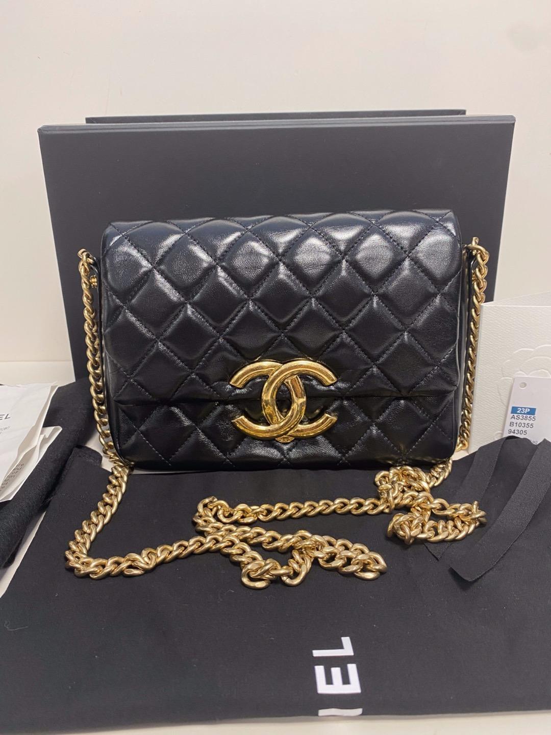 Authentic CHANEL 23P Mini Flap Black Leather Bag Maxi Distressed Gold CC