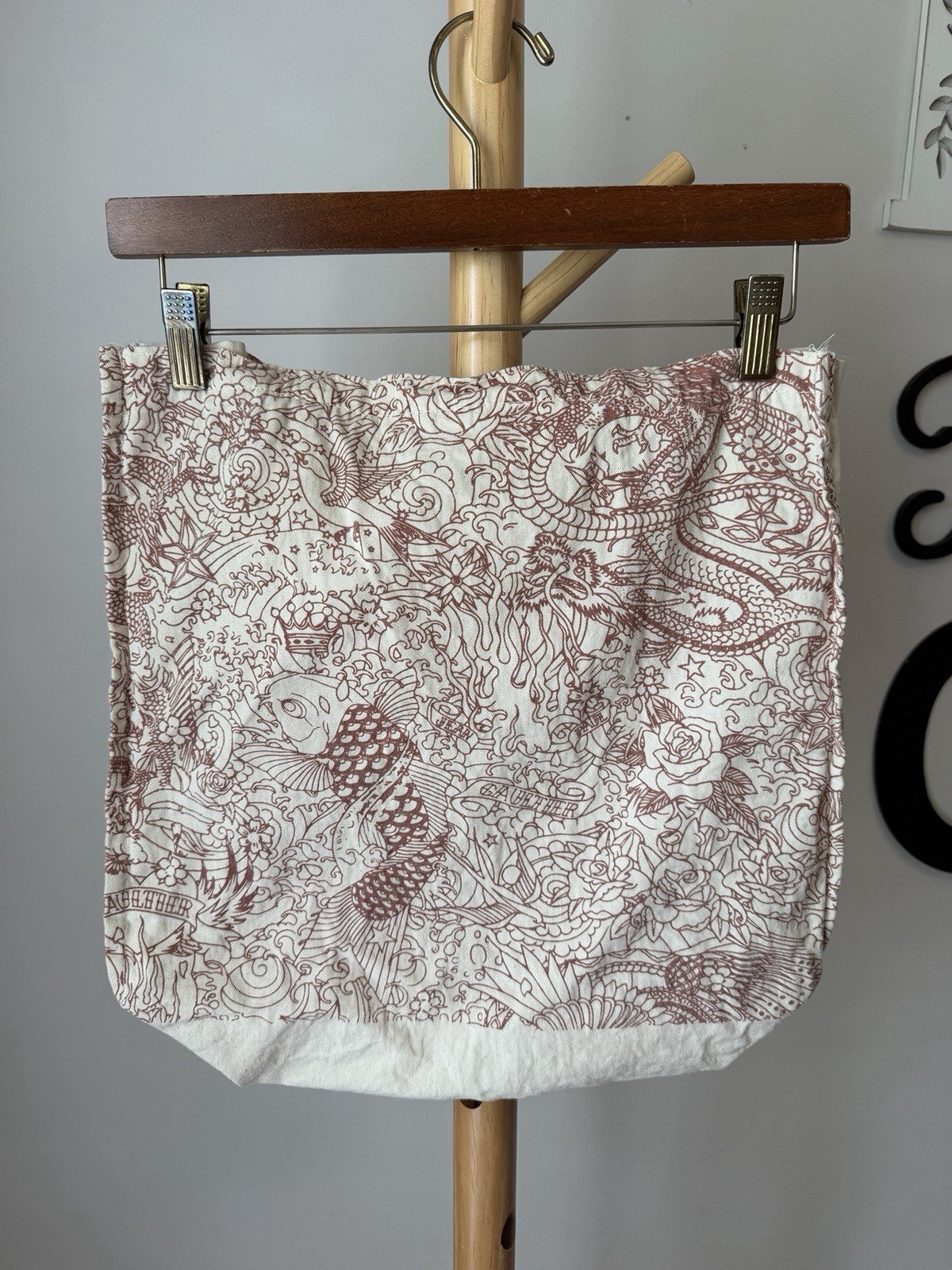 Jean Paul Gaultier JPG Tattoo Tote Bag Fish Dragon Red Beige Canvas Cotton