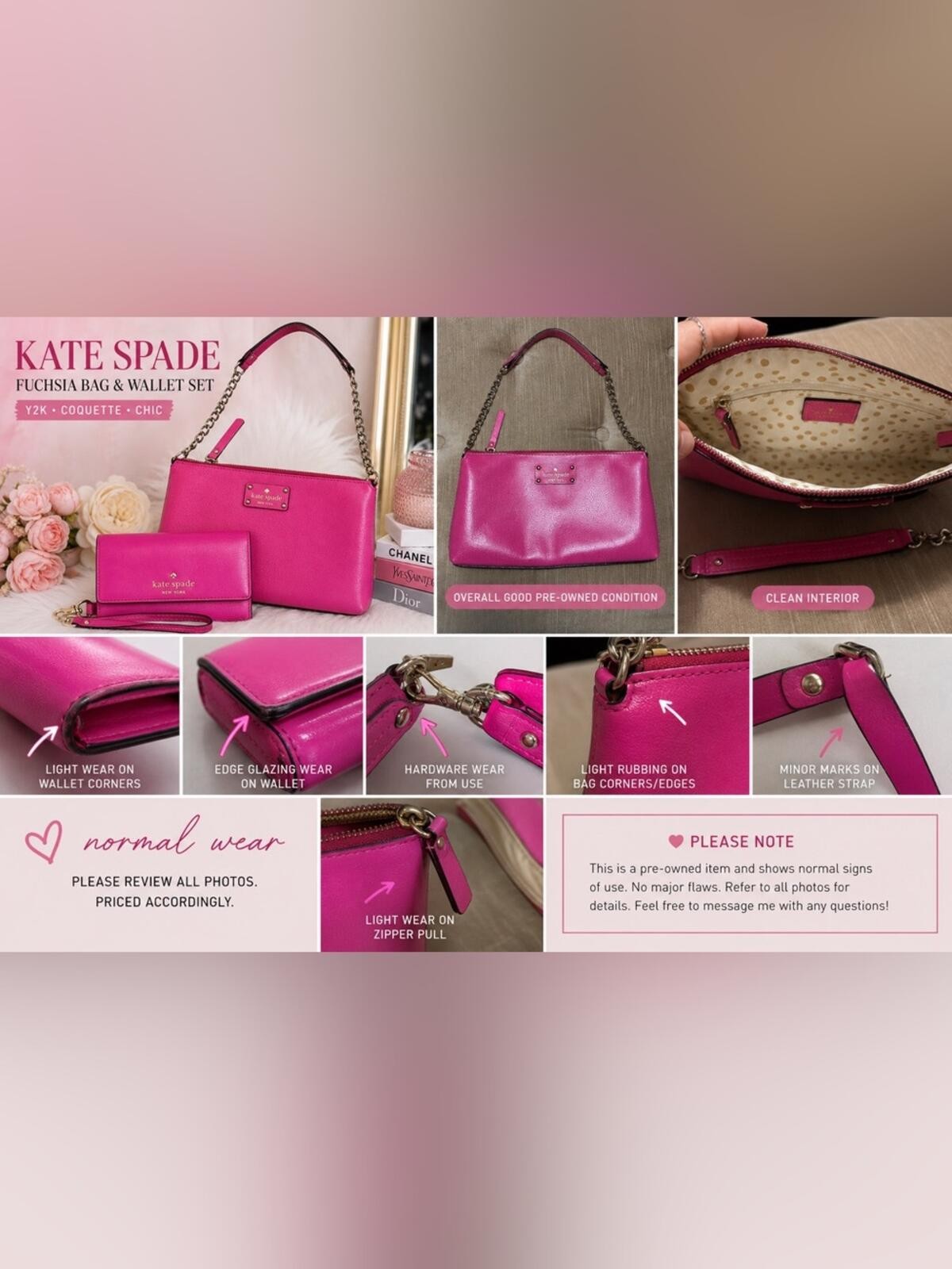 Kate Spade Wellesley Byrd Shoulder Bag Neda Wallet Set Fuchsia Gold Chain Accent
