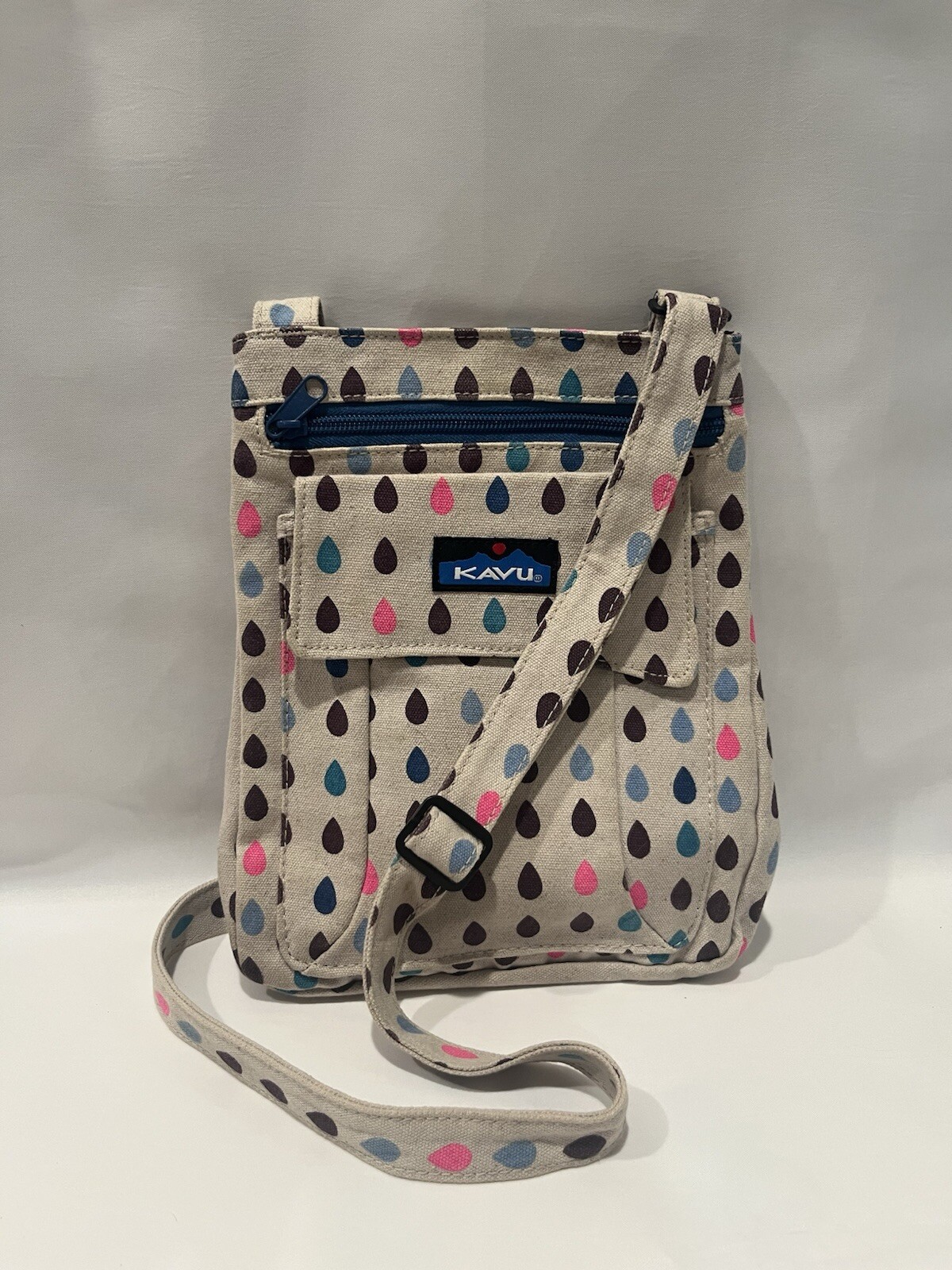 KAVU Raindrop Pattern Crossbody Purse Bag 4 Pocket Organization – Gray Blue Pink