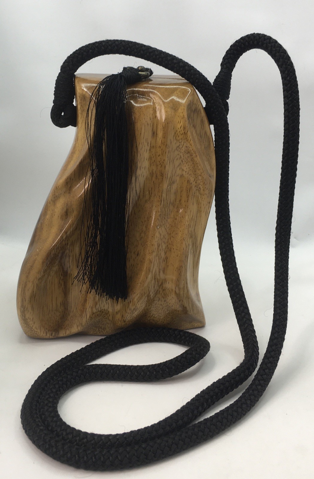 Timmy Woods Beverly Hills Hand Carved Acacia Wood & Tassel Purse Vintage
