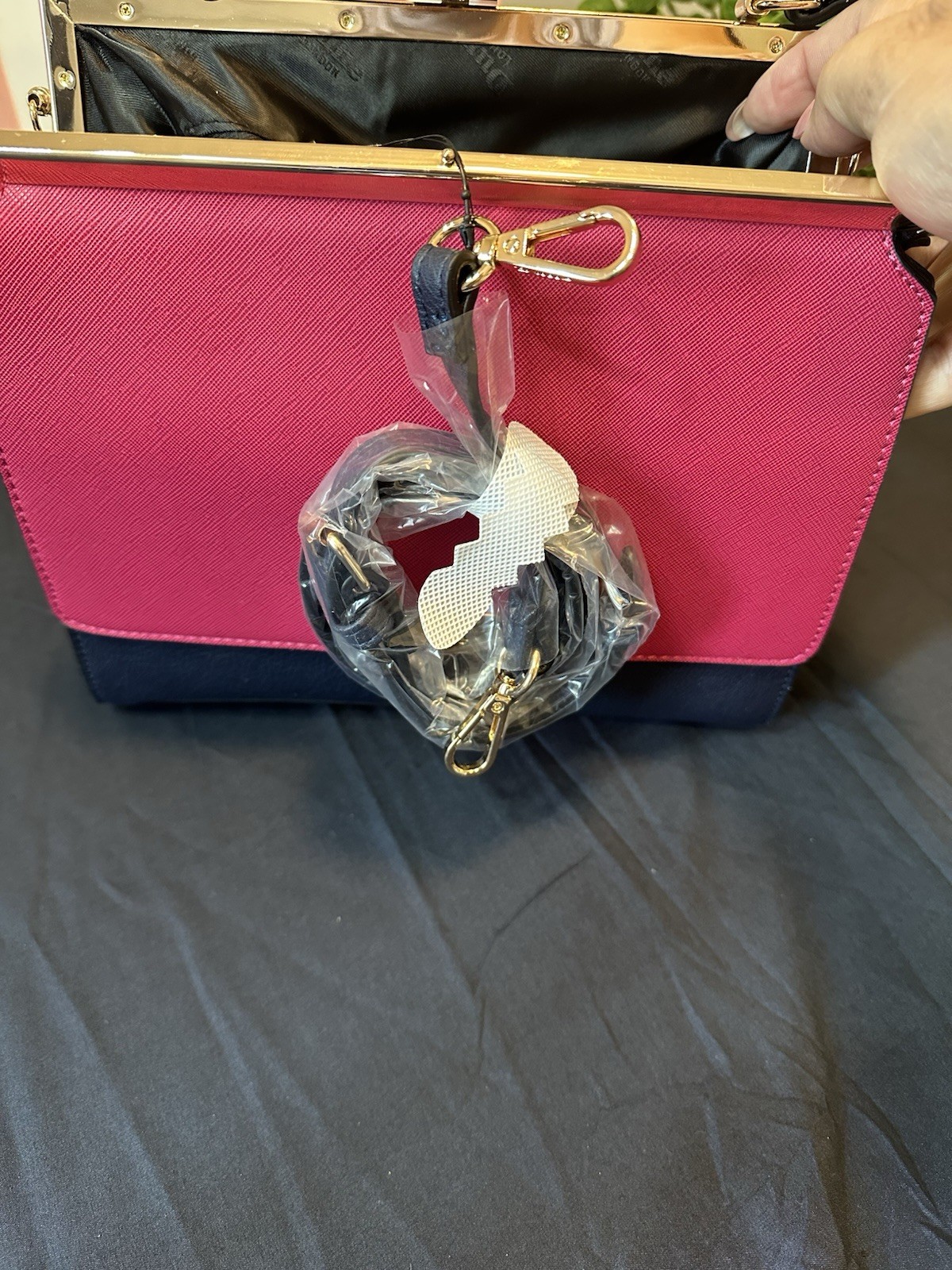 Dune London Pink/Navy Colorblock Satchel Top Handle Clasp Frame Gold Det Strap