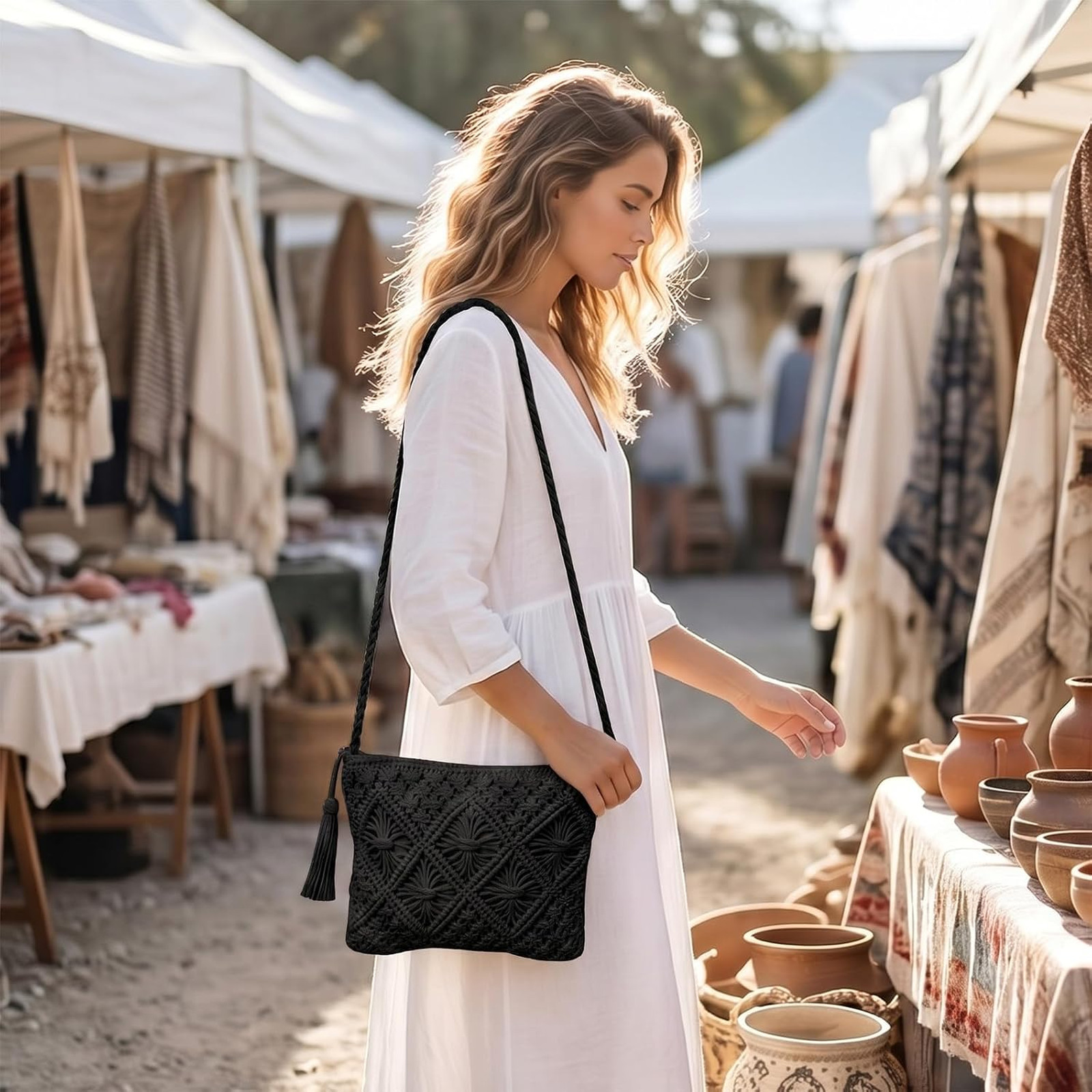 Women’s Crossbody Handbag Cotton Rope Boho Shoulder Purse with Tassel for Summer