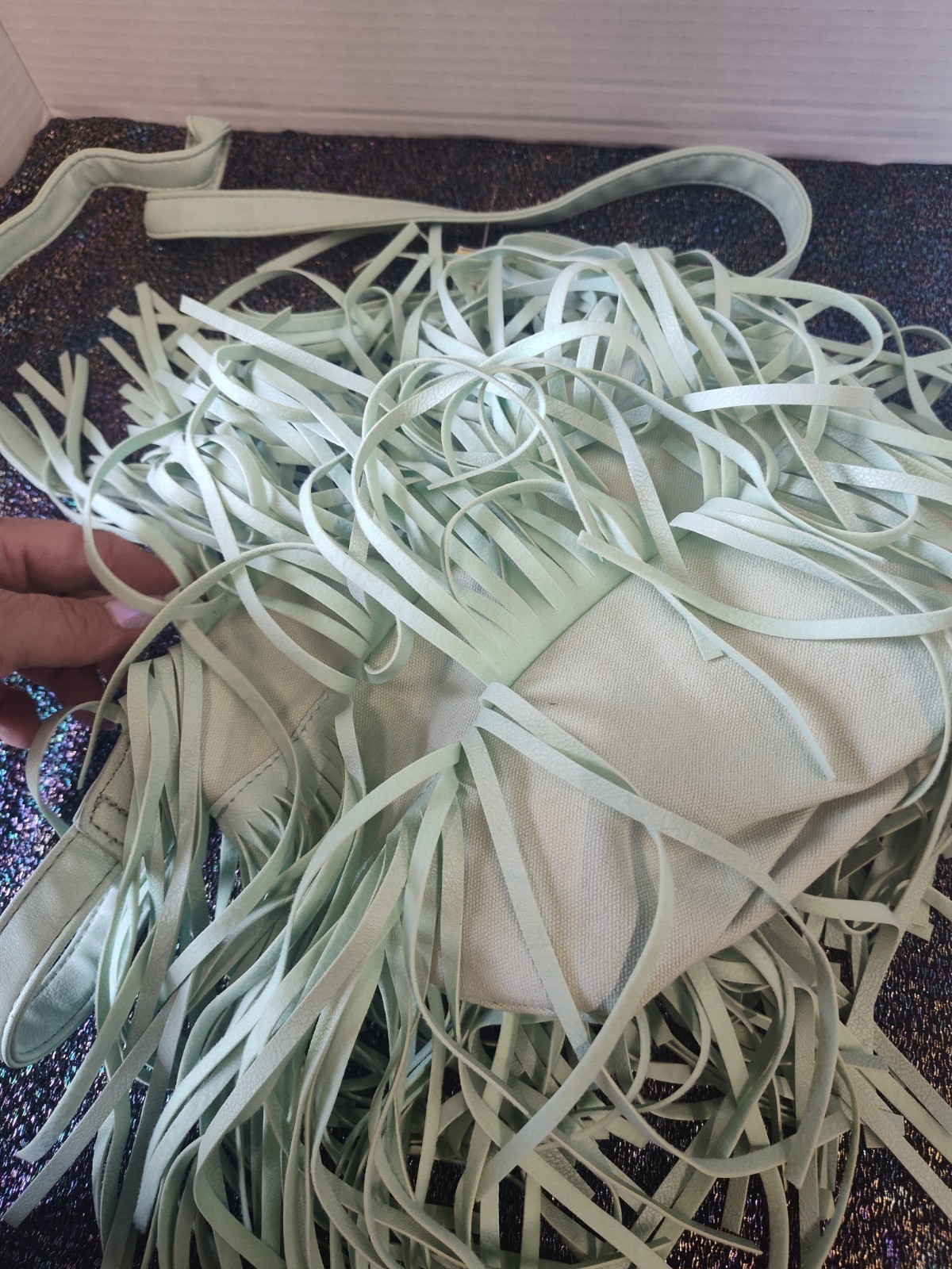 Mint Faux Fringe Purse 44 inch Fixed Strap. Zipper Closure