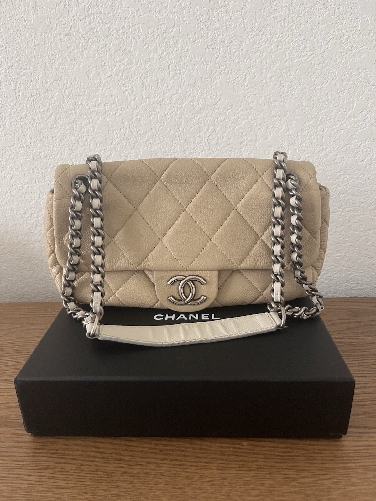 CHANEL Beige Gray Quilted Classic Flap Bag Silver Hardware