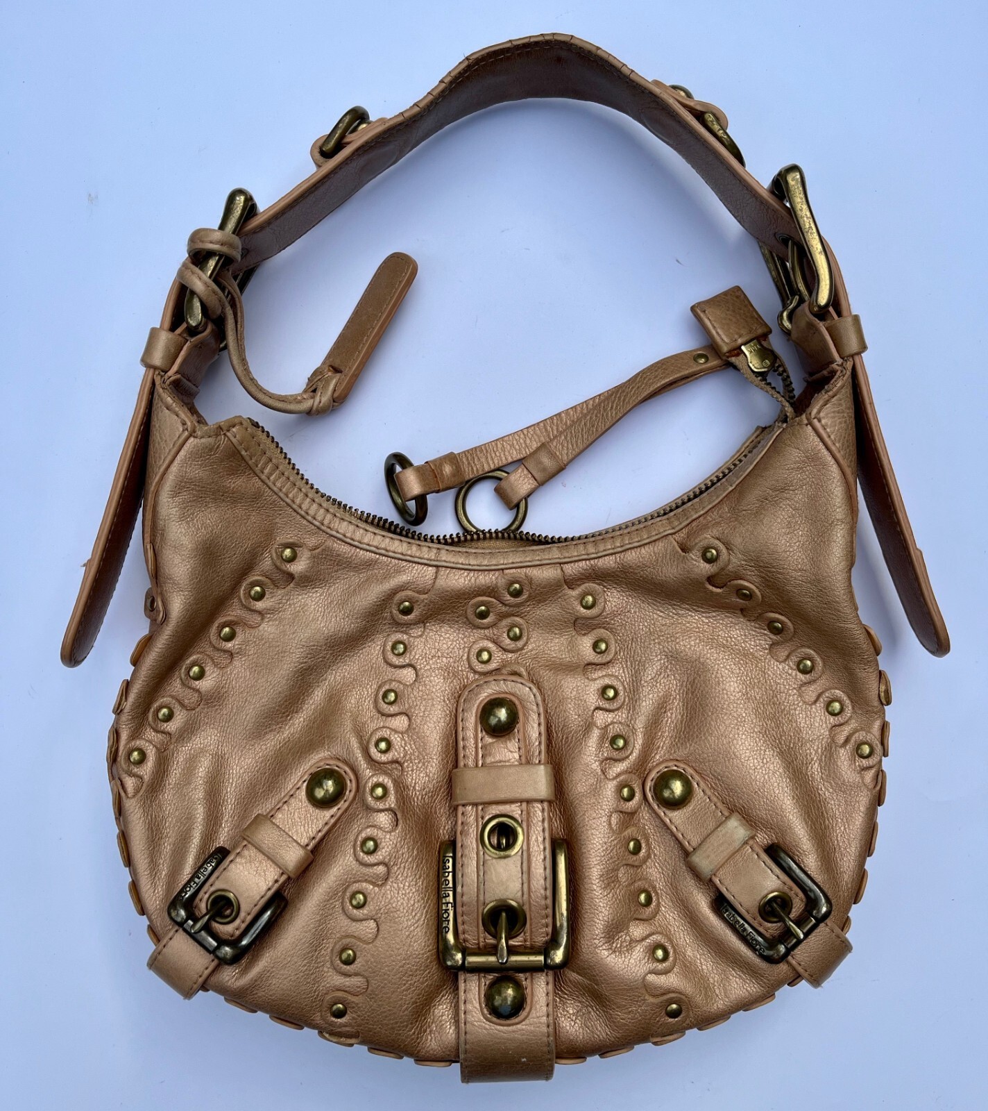 Isabella Fiore Metallic Leather Studded Buckles Jane Hobo Shoulder Bag