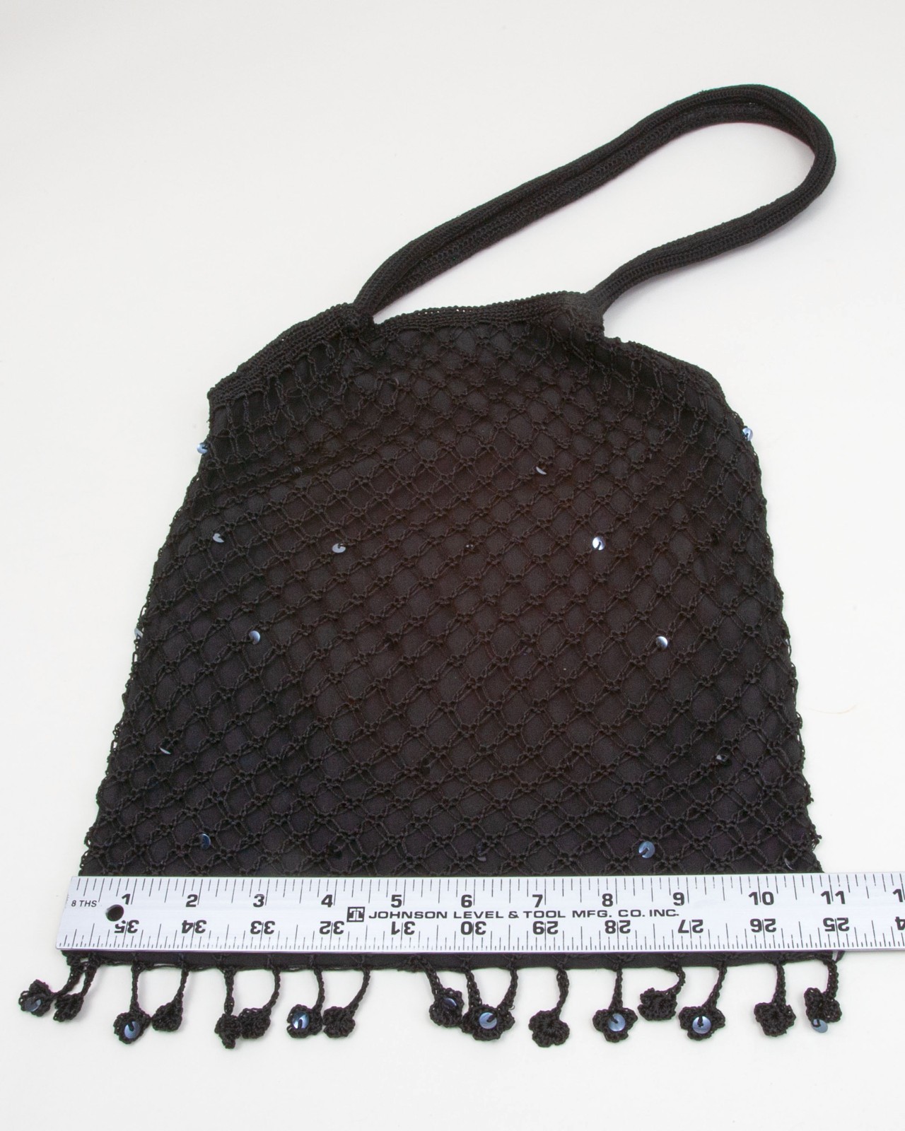 Black Flapper Style Open Weave Sequin Drop Tassel Shoulder Purse