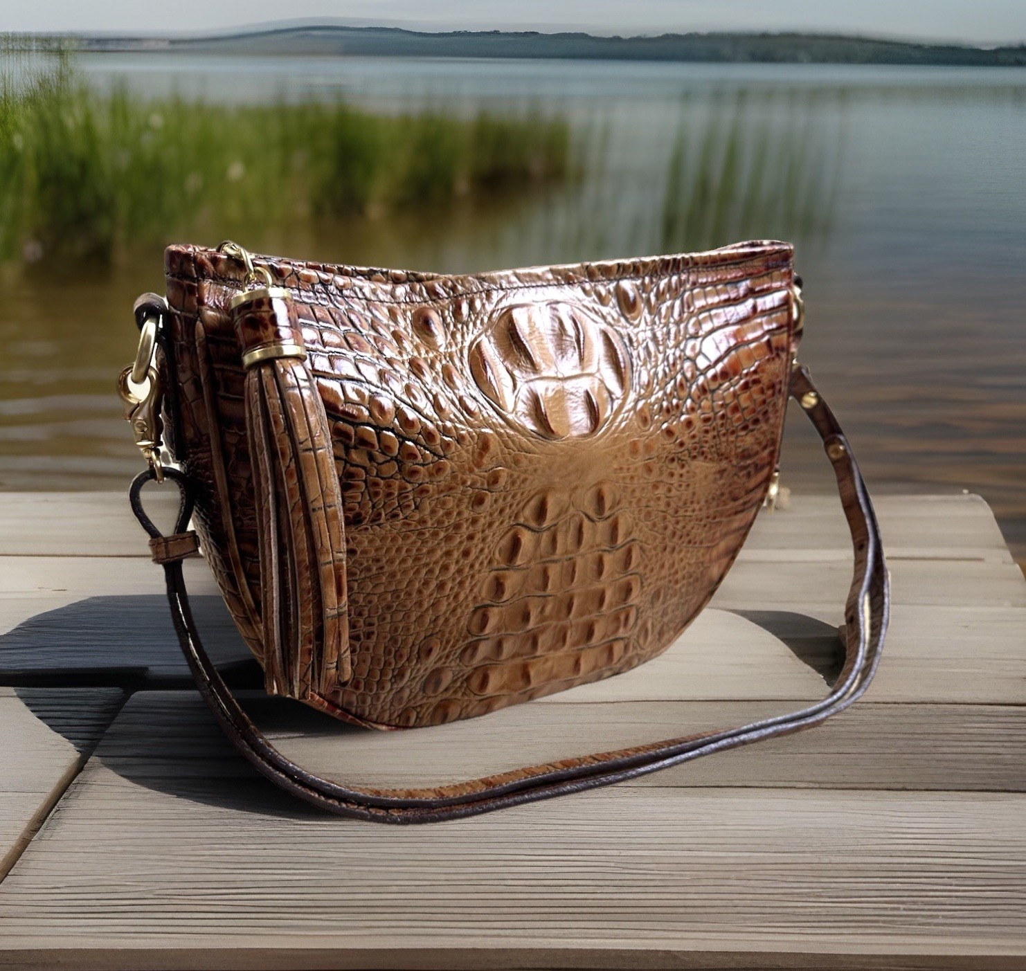 CLASSIC BRAHMIN KATHLEEN TOASTED ALMOND TAN LEATHER HOBO HANDBAG w LARGE TASSEL
