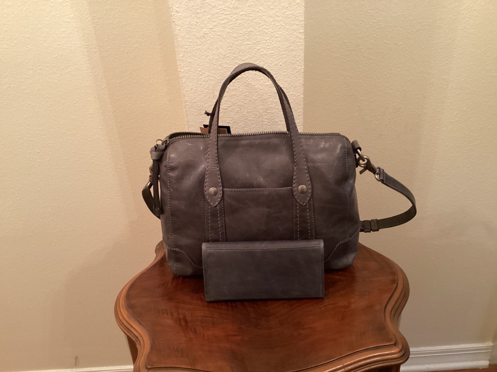 Frye Melissa Double Handle Carbon Satchel 9.5×12.25×6 in With Matching Wallet