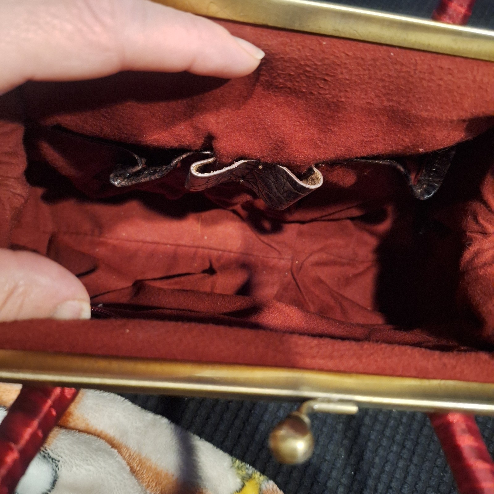 Crocodile Leather Frame Handbag W/ Kiss Lock Closure And Red Handle