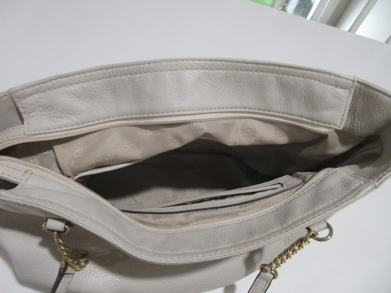 16″ Michael Kors Oatmeal Beige Pebbled Leather Tote Bag Shoulder Chain ZIPPER